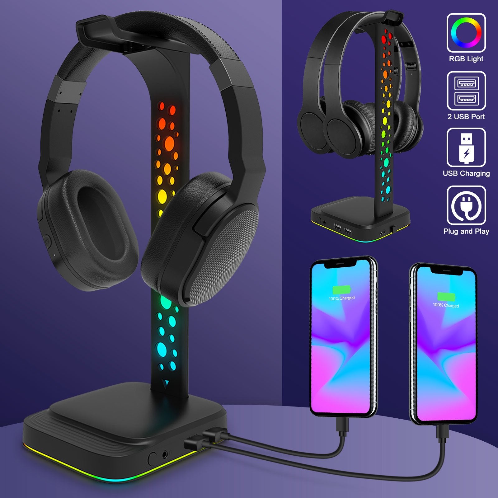 Headphone Stand RGB Gaming Headset Stand with 3.5mm AUX & 2 USB Charging Ports Earphones Holder with 10 Light Modes Headset Holder for Gamers PC