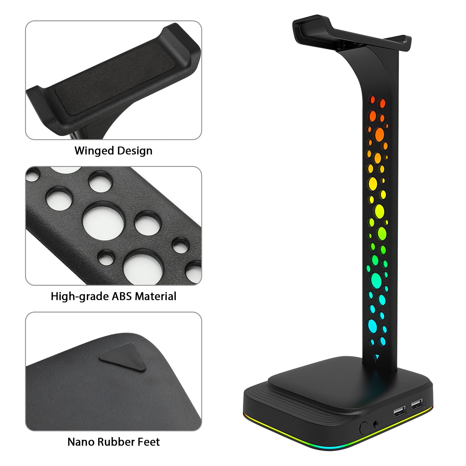 Headphone Stand RGB Gaming Headset Stand with 3.5mm AUX & 2 USB Charging Ports Earphones Holder with 10 Light Modes Headset Holder for Gamers PC