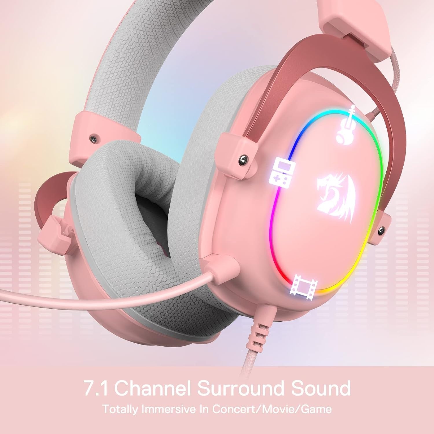 Redragon H510 Zeus-X RGB Pink USB Wired Gaming Headphone Headset - 7.1 Surround Sound 53MM Audio Drivers in Memory Foam Ear Pads