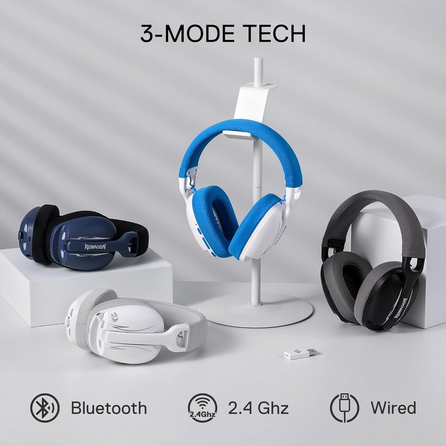 Redragon H878 3-Mode Wireless Blue Lighting Gaming Headset - Lightweight - 7.1 Surround Sound - 40MM Drivers - Detachable Microphone,White&Gray