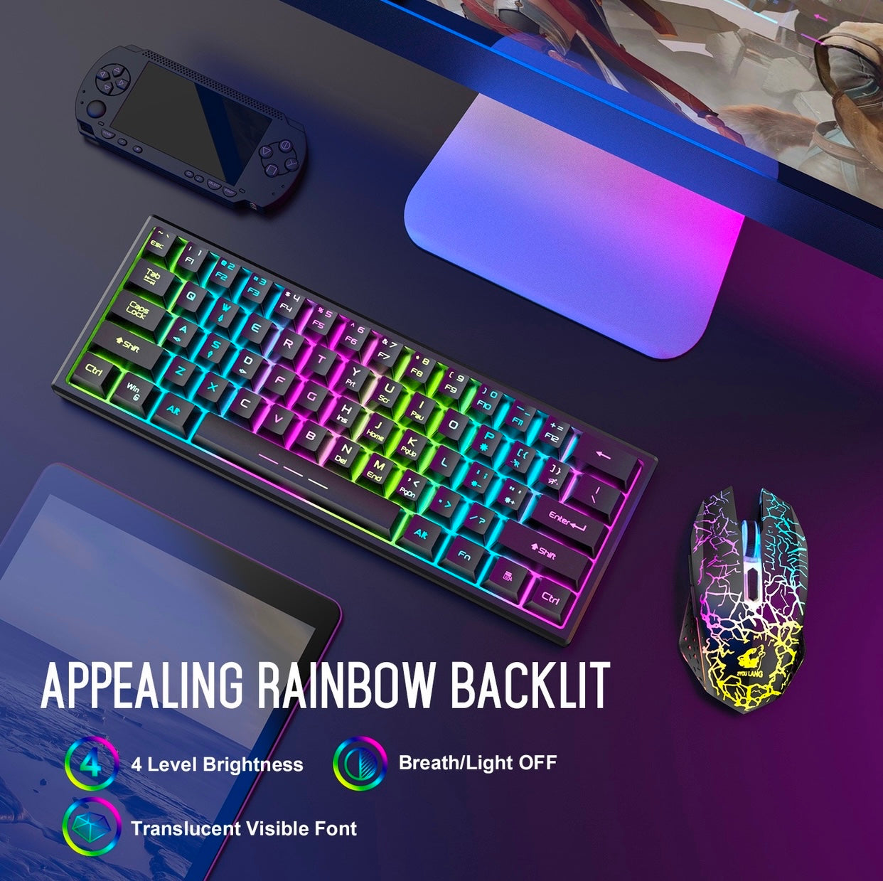 Charging wireless keyboard mouse set 61-key glowing wireless gaming keyboard set