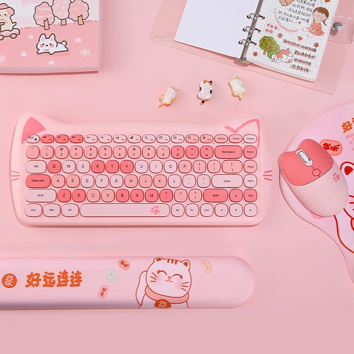 Wireless Keyboard and Mouse Combo Cute Cat Keyboard and Mouse Set 2.4G Soundless IPX4 Splash-Proof Colorful Keys Ergonomic Keyboard & Mouse Gift box