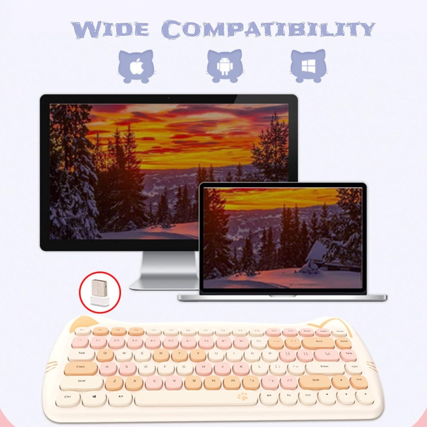 Wireless Keyboard and Mouse Combo Cute Cat Keyboard and Mouse Set 2.4G Soundless IPX4 Splash-Proof Colorful Keys Ergonomic Keyboard & Mouse Gift box