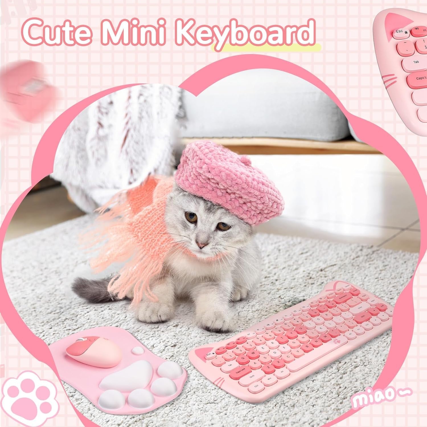 Wireless Keyboard and Mouse Combo Cute Cat Keyboard and Mouse Set 2.4G Soundless IPX4 Splash-Proof Colorful Keys Ergonomic Keyboard & Mouse Gift box