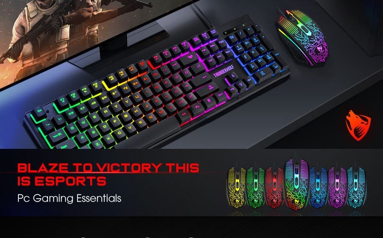 T-WOLF wired keyboard set, three piece game cool luminous keyboard and mouse set