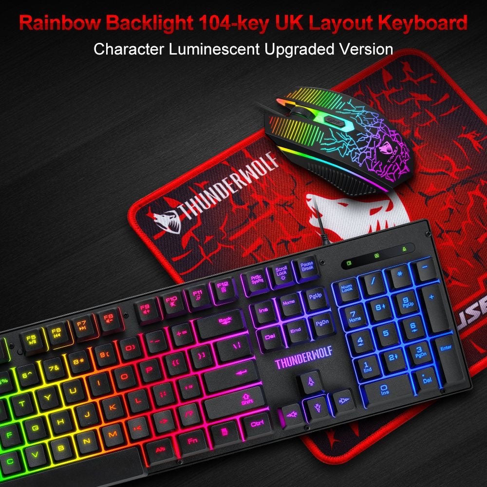 T-WOLF wired keyboard set, three piece game cool luminous keyboard and mouse set