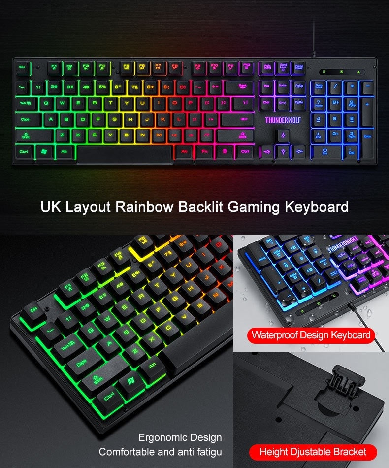 T-WOLF wired keyboard set, three piece game cool luminous keyboard and mouse set