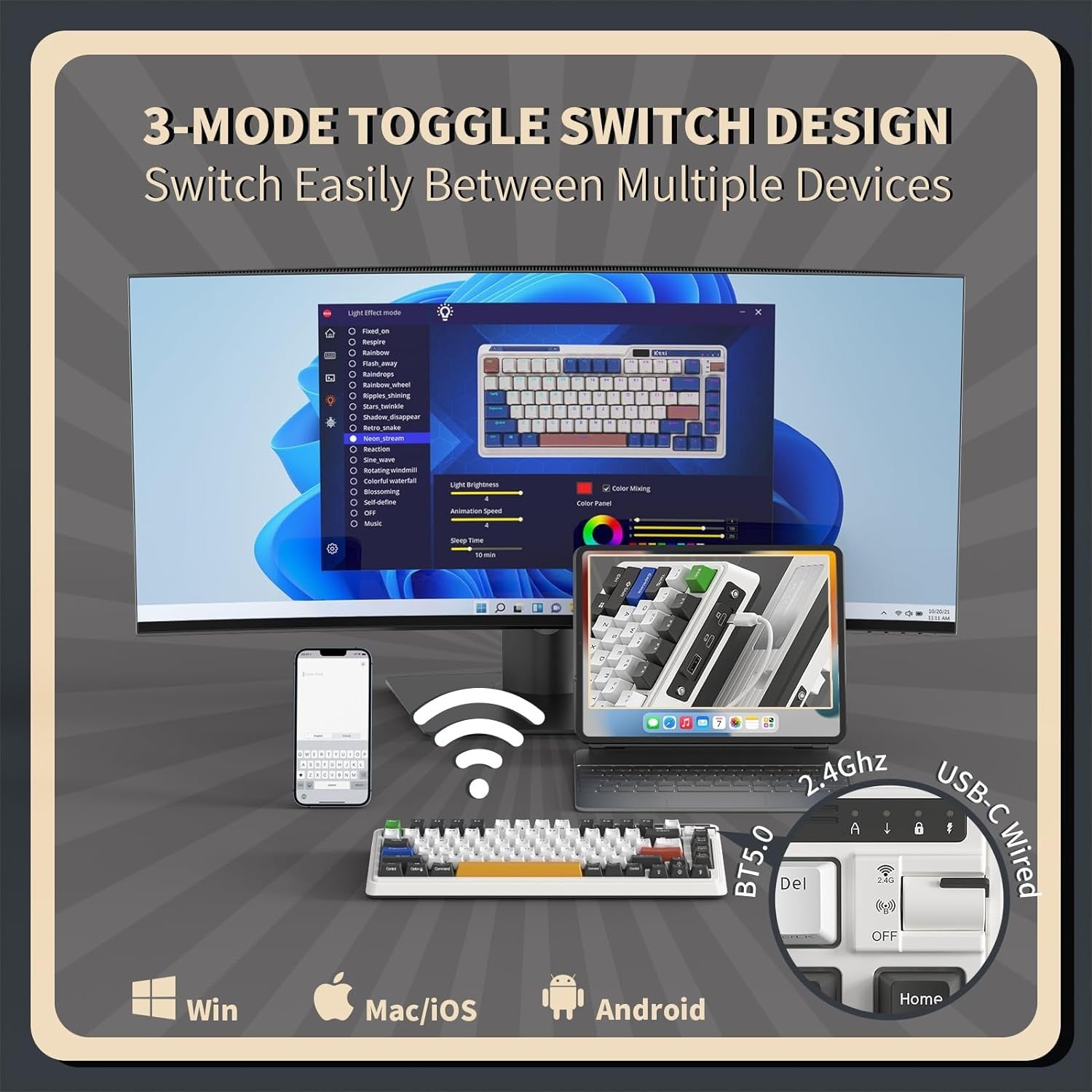 KZZI K75 PRO RGB 75% Wireless Gasket Mechanical BT 5.0/2.4G/USB-C 82 Keys Hot Swappable Gaming Keyboard Knob & Power DisplayCustom Linear Switches