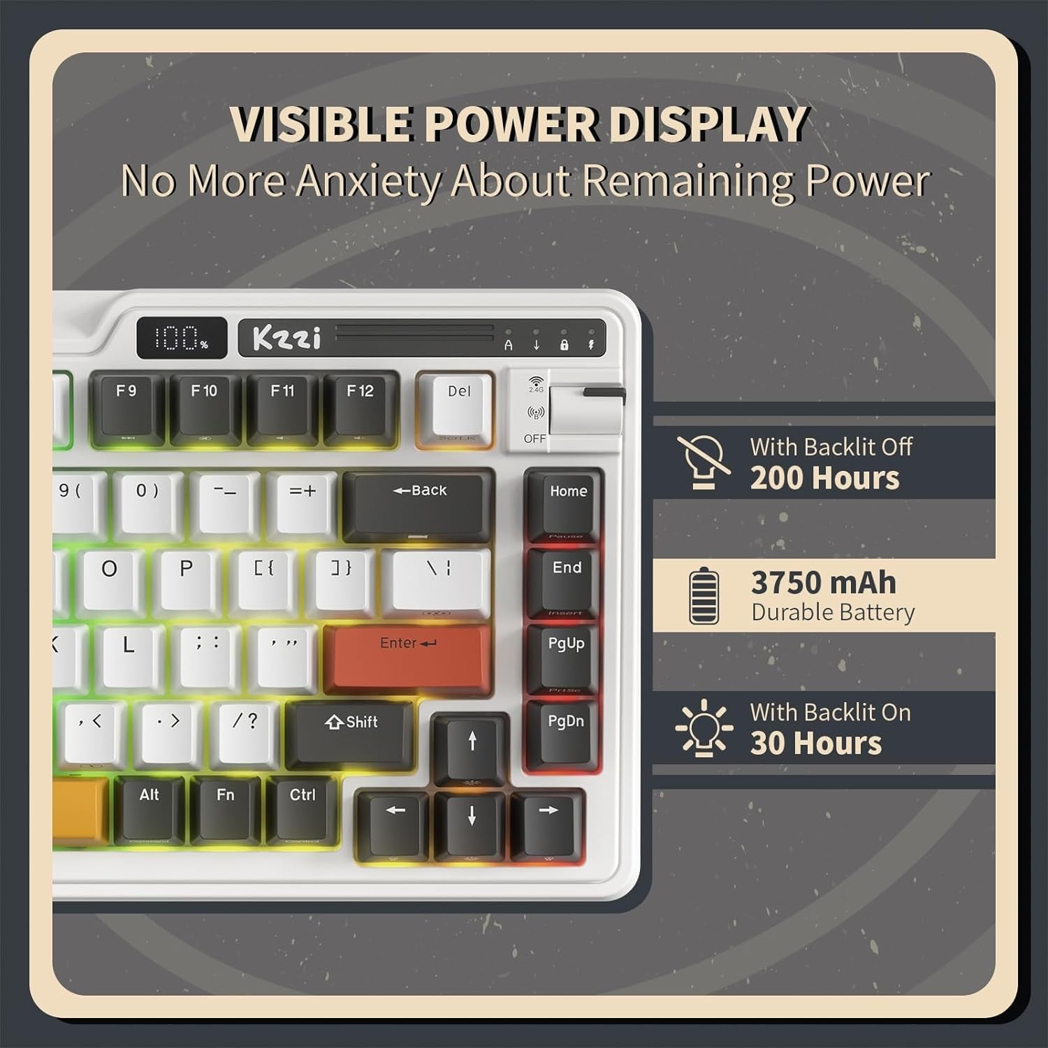 KZZI K75 PRO RGB 75% Wireless Gasket Mechanical Custom Tactile Switches BT5.0/2.4G/USB-C 82 Keys Hot Swappable Gaming Keyboard, Black White