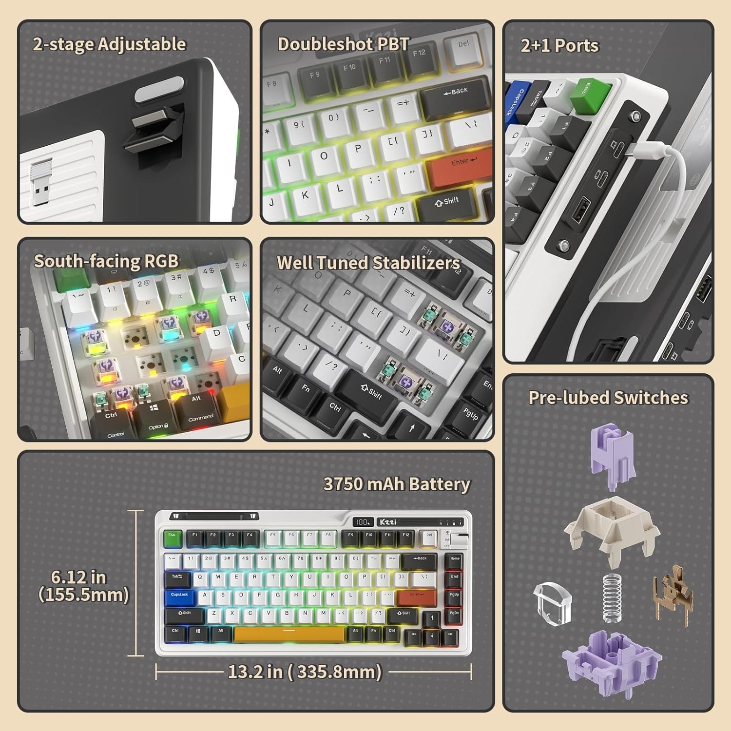 KZZI K75 PRO RGB 75% Wireless Gasket Mechanical Custom Tactile Switches BT5.0/2.4G/USB-C 82 Keys Hot Swappable Gaming Keyboard, Black White
