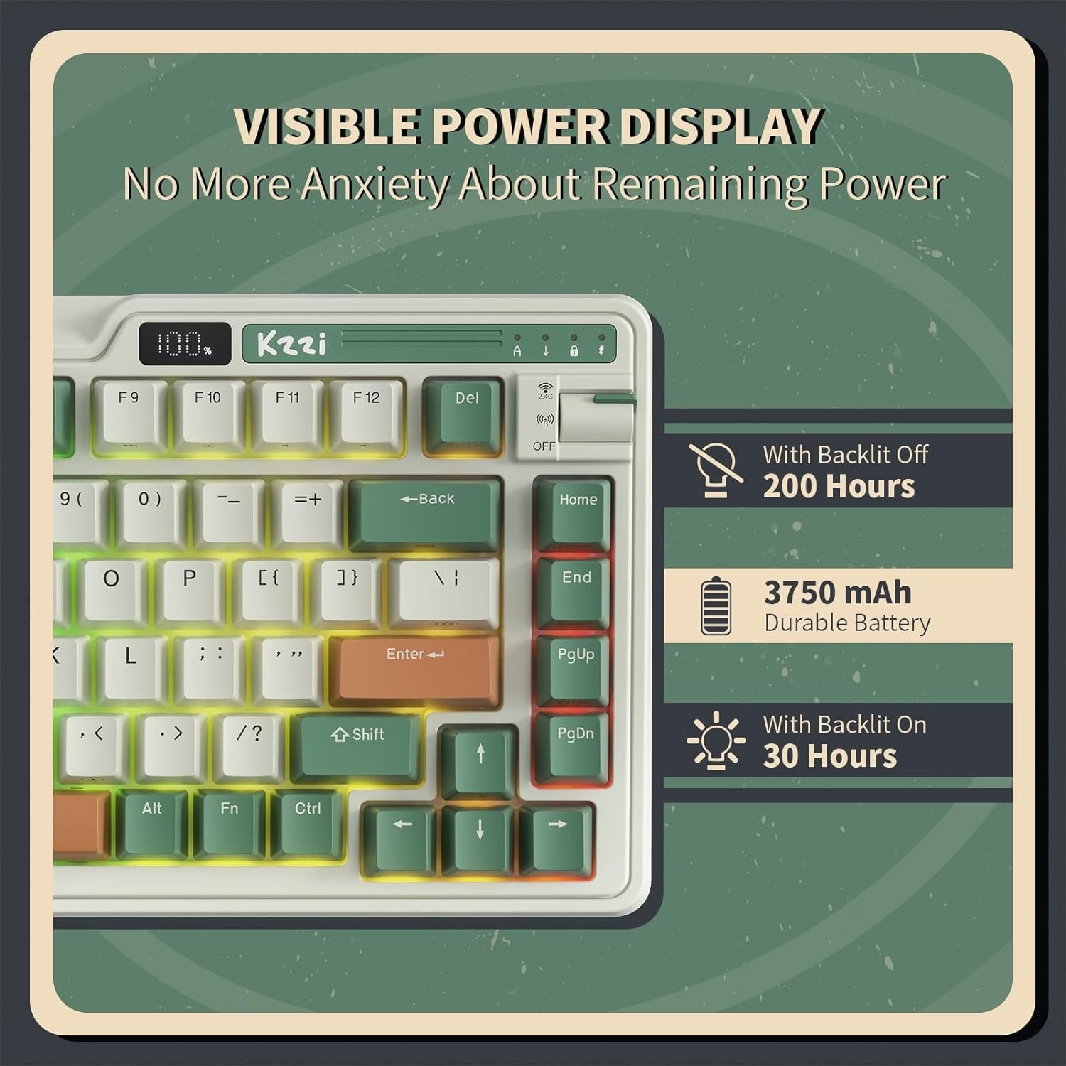 KZZI K75 PRO RGB 75% Wireless Gasket Mechanical Triple Mode BT 5.0/2.4G/USB-C 82 Keys Hot Swappable Gaming Keyboard Custom Tactile Switches, Green