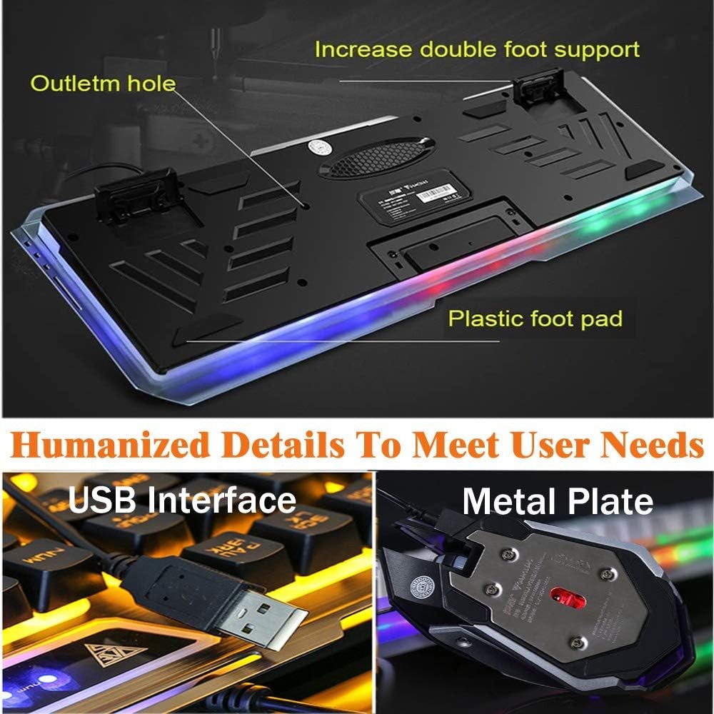 Gaming Keyboard and Mouse Combo Wired Keyboard and Mouse Set 104 Keys Waterproof Durable Metal Frame Adjustable Brightness Breathing Backlight
