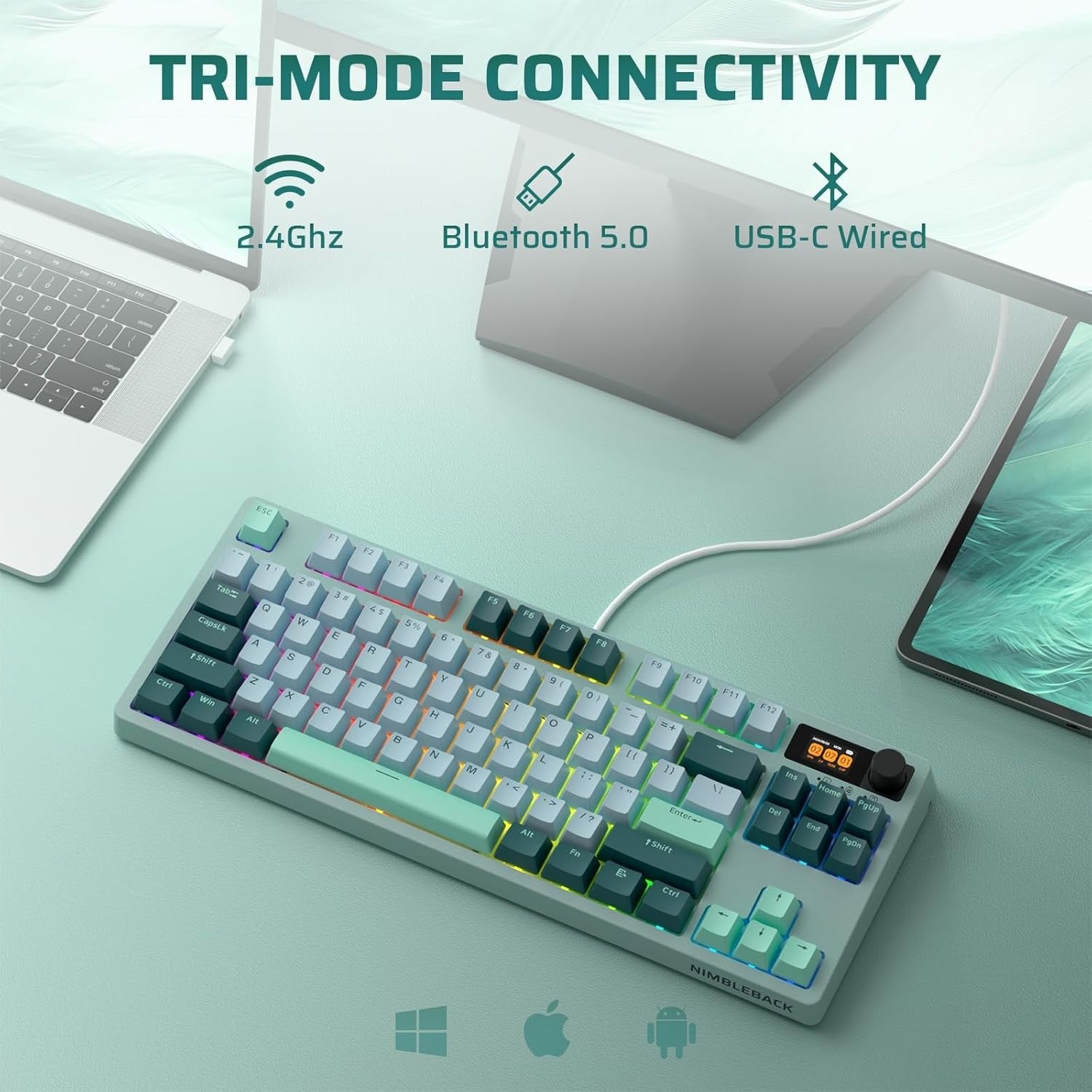 LTC Nimbleback NB841 PRO 75% Wireless 2.4G/ BT/USB-C Wired RGB 84 Keys Gaming Mechanical 3-Layer Dampener, Hot Swap PCB Keyboard Lake Blue Switches, G