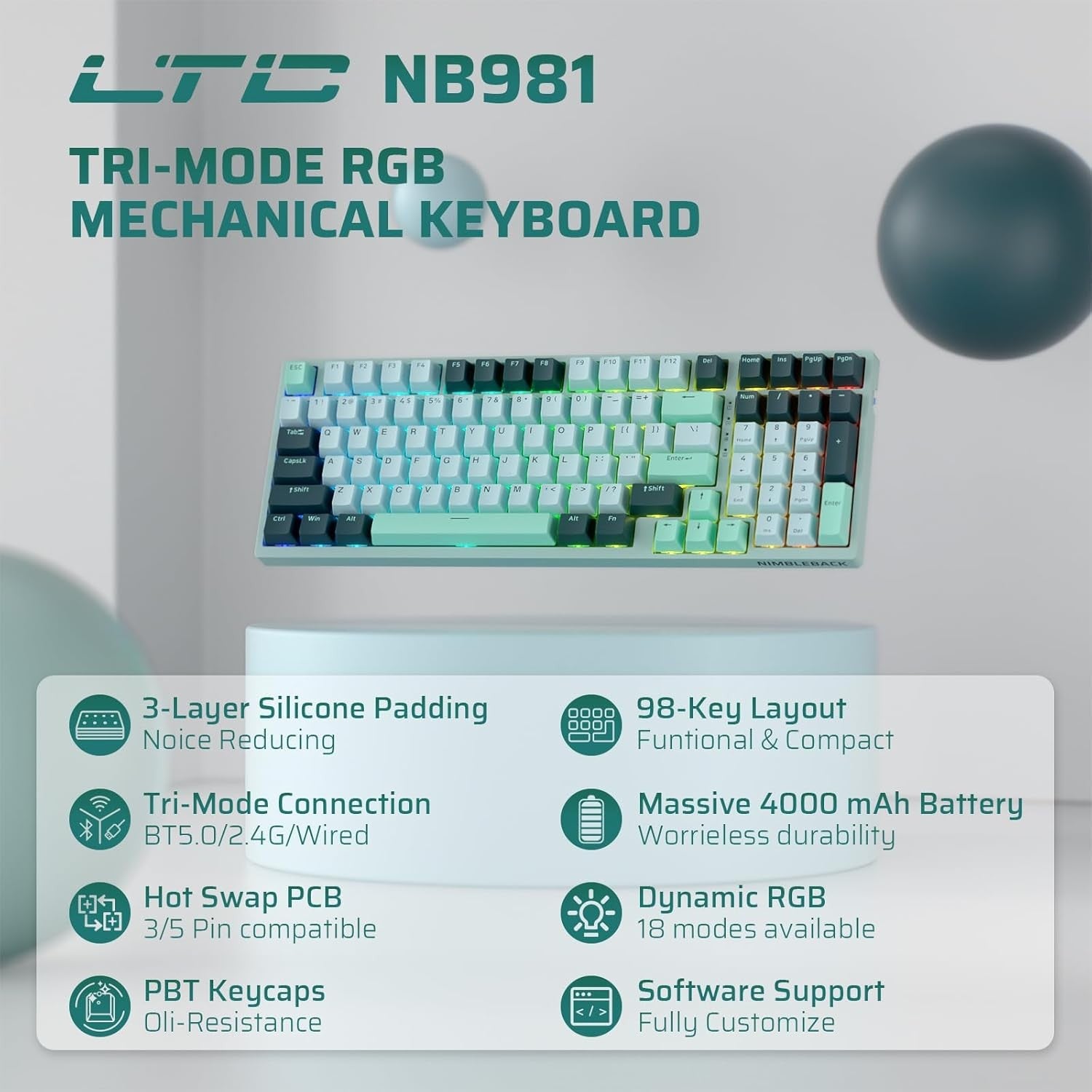 LTC Nimbleback NB981 95% Wireless Mechanical 2.4G/ BT/USB-C Wired RGB 98 Keys Gaming 3-Layer Dampener, Hot Swap Keyboard,Lake Blue Switches,Green