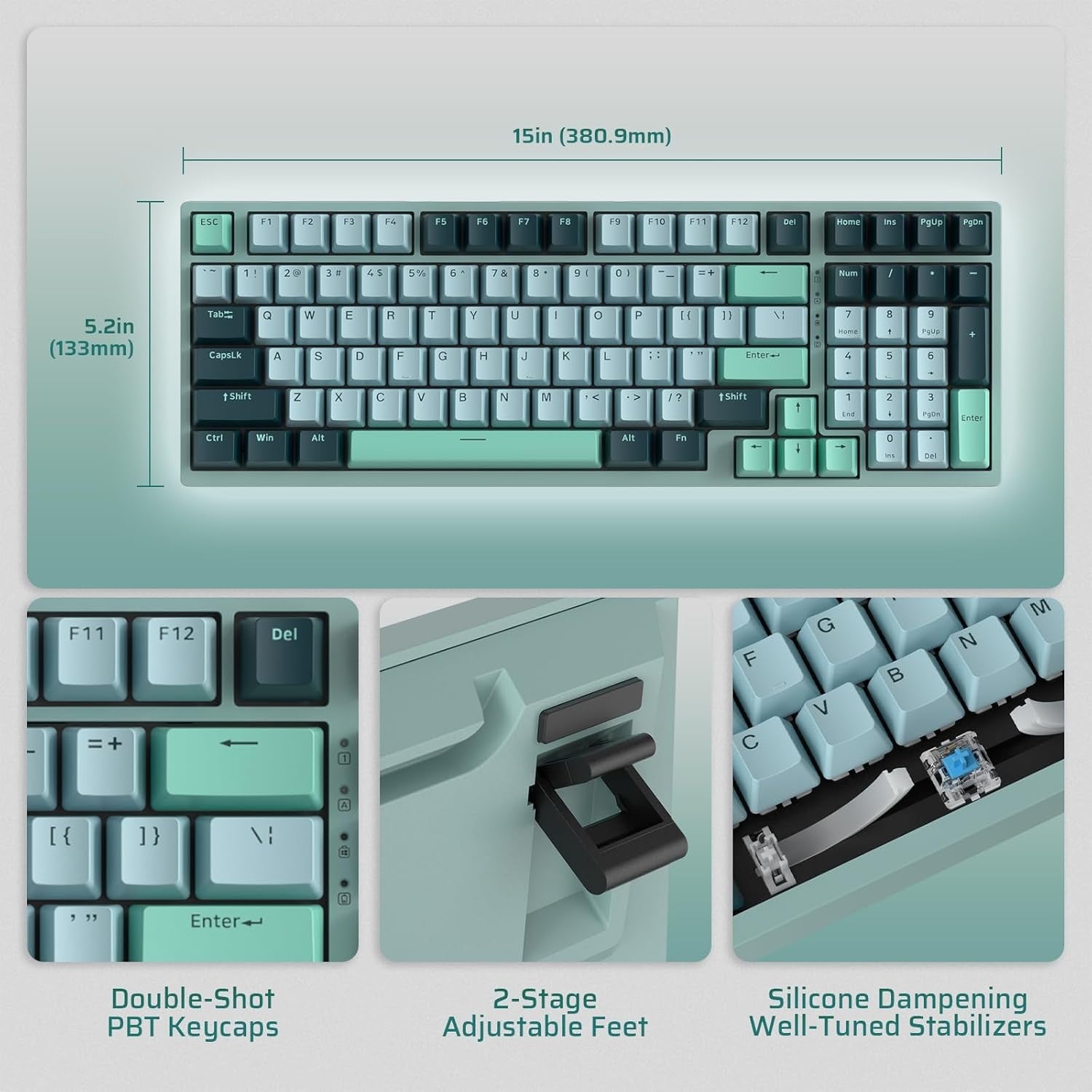 LTC Nimbleback NB981 95% Wireless Mechanical 2.4G/ BT/USB-C Wired RGB 98 Keys Gaming 3-Layer Dampener, Hot Swap Keyboard,Lake Blue Switches,Green