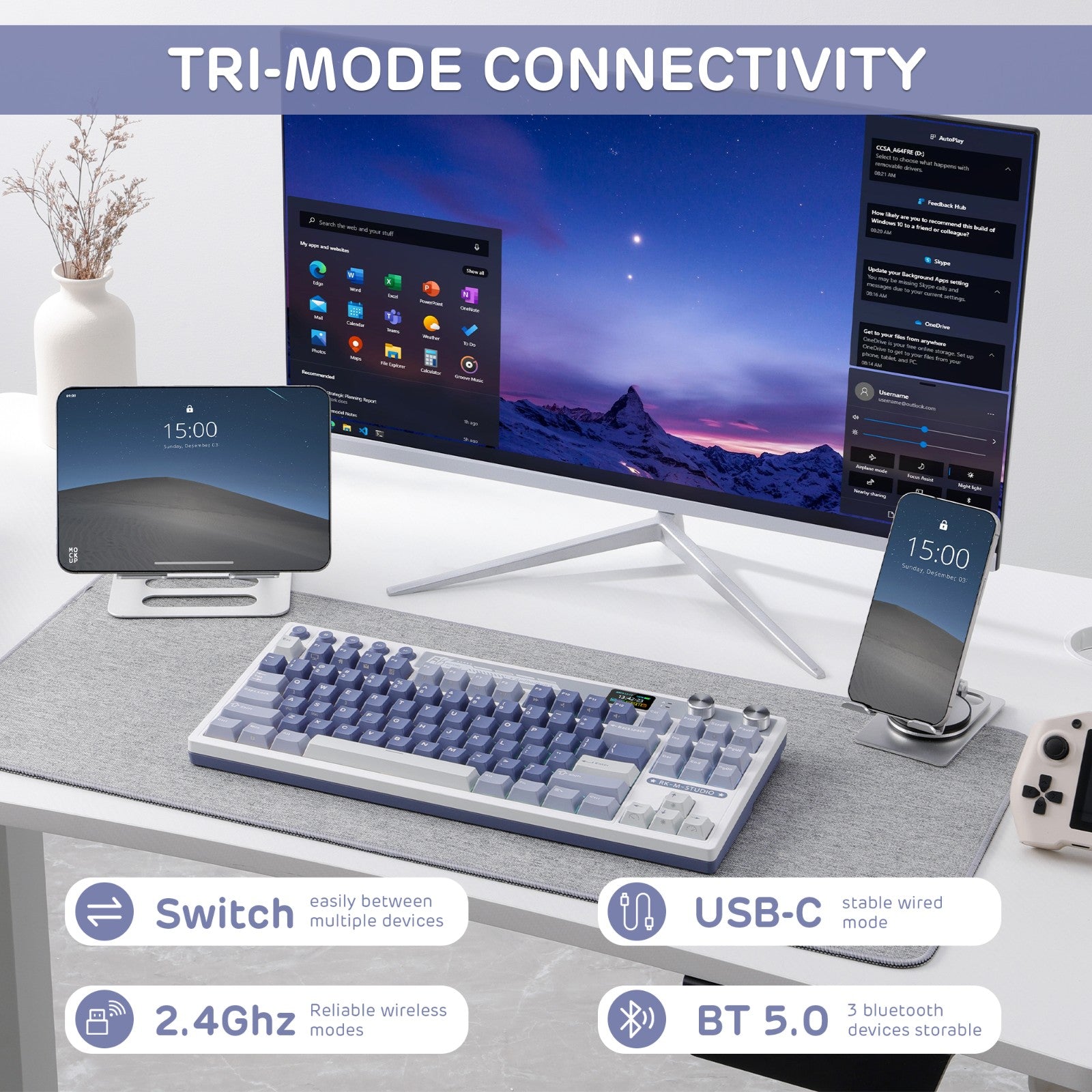 RK ROYAL KLUDGE M87 Mechanical Keyboard, RGB, 2.4Ghz/BT/Wired, Customized Switches, Blue, Mixed Color