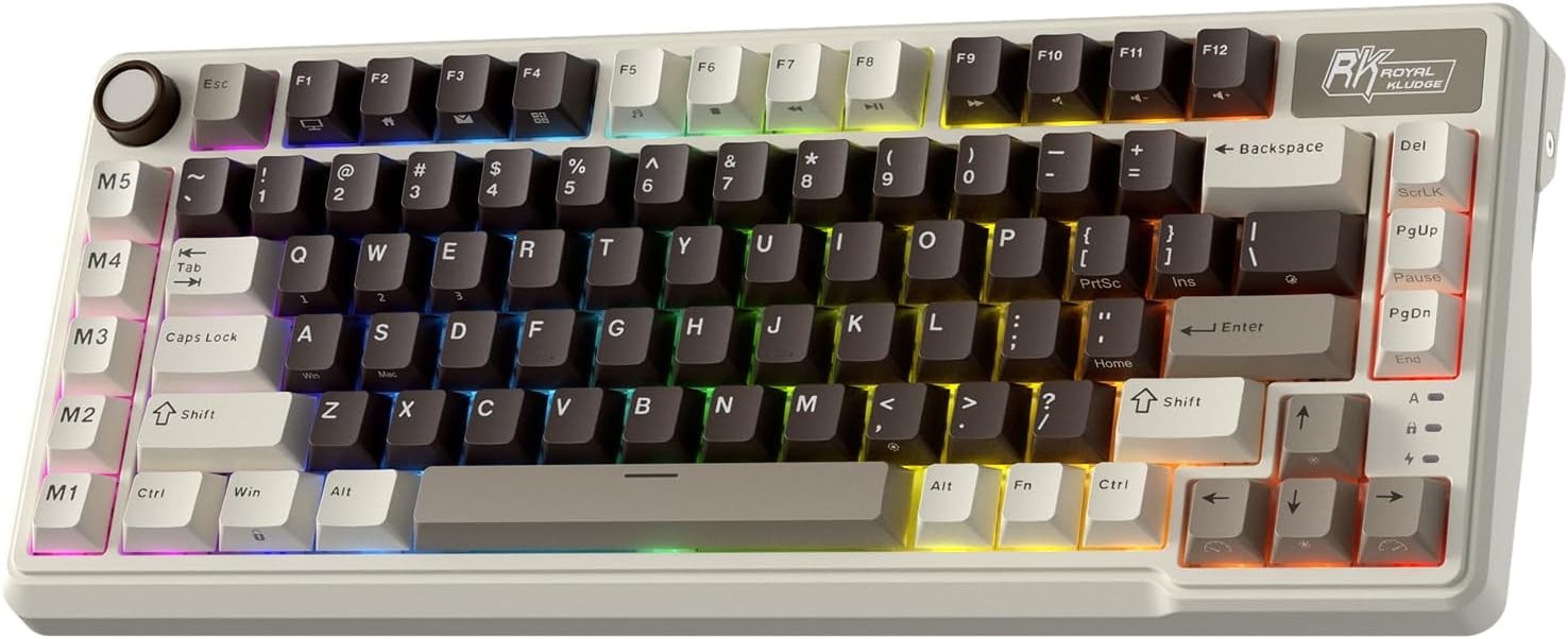 RK ROYAL KLUDGE Mechanical Keyboard L75, RGB, 2.4Ghz/BT/Wired, Cream Switch, Mocha Gray