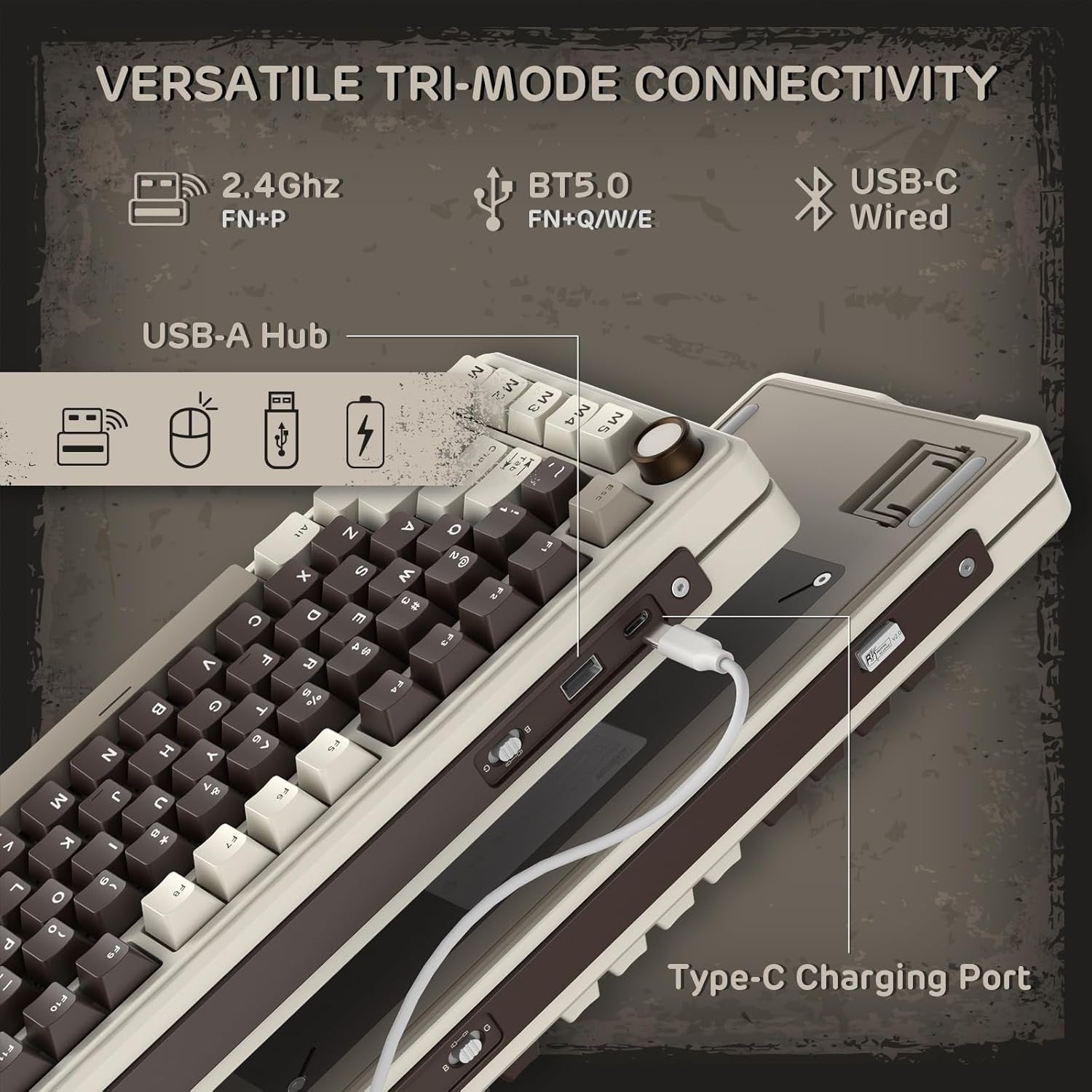 RK ROYAL KLUDGE Mechanical Keyboard L75, RGB, 2.4Ghz/BT/Wired, Cream Switch, Mocha Gray