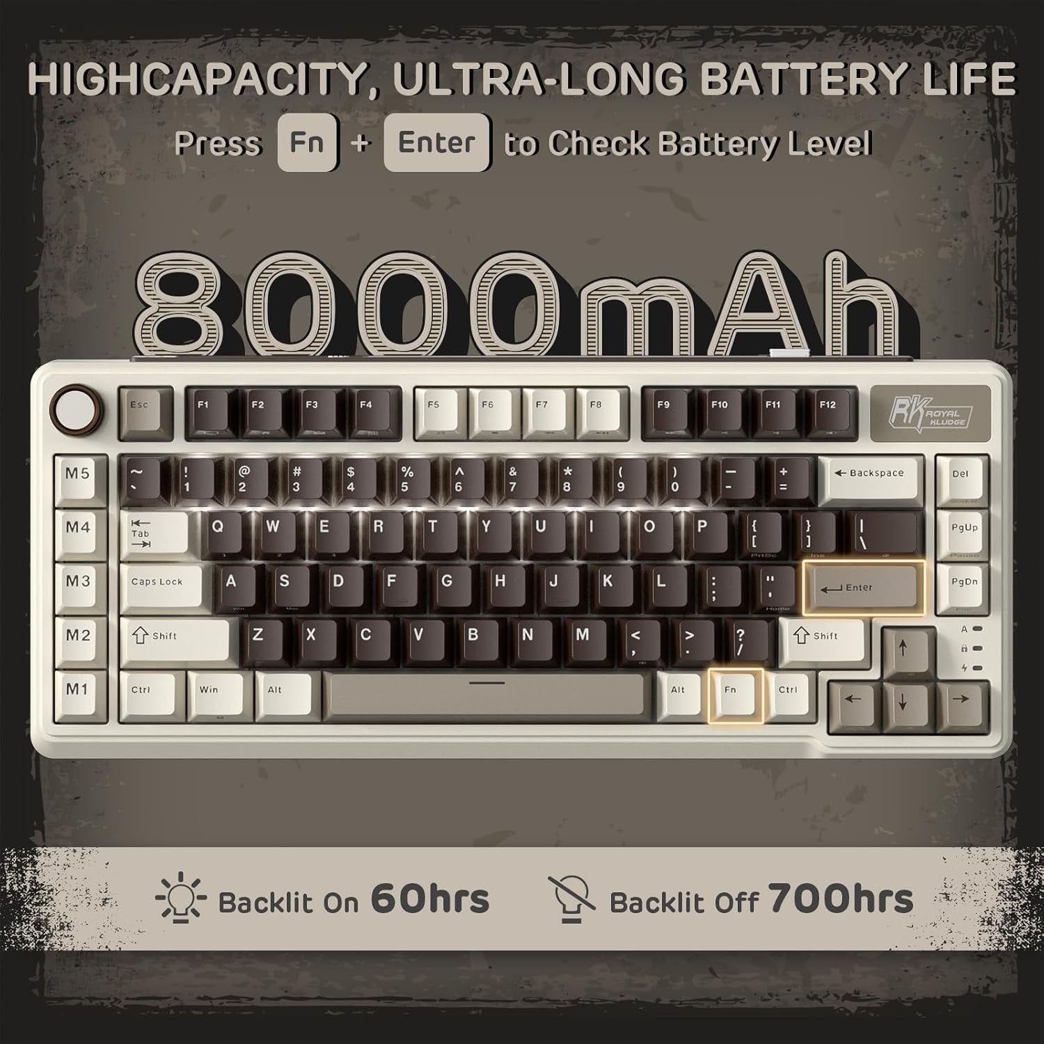 RK ROYAL KLUDGE Mechanical Keyboard L75, RGB, 2.4Ghz/BT/Wired, Cream Switch, Mocha Gray