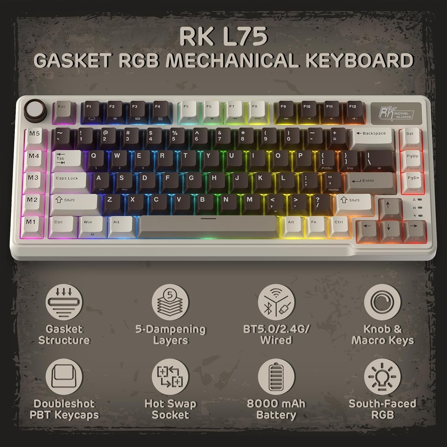 RK ROYAL KLUDGE Mechanical Keyboard L75, RGB, 2.4Ghz/BT/Wired, Cream Switch, Mocha Gray