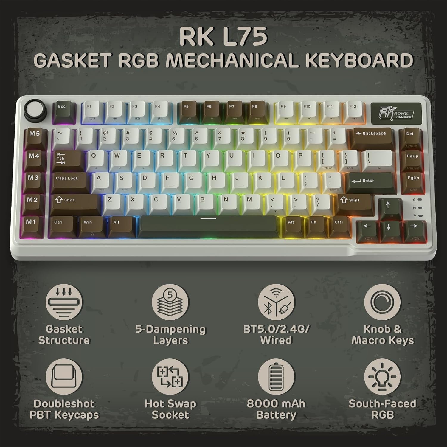 RK ROYAL KLUDGE Mechanical Keyboard L75, RGB, 2.4Ghz/BT/Wired, Cream Switch, Palm Green