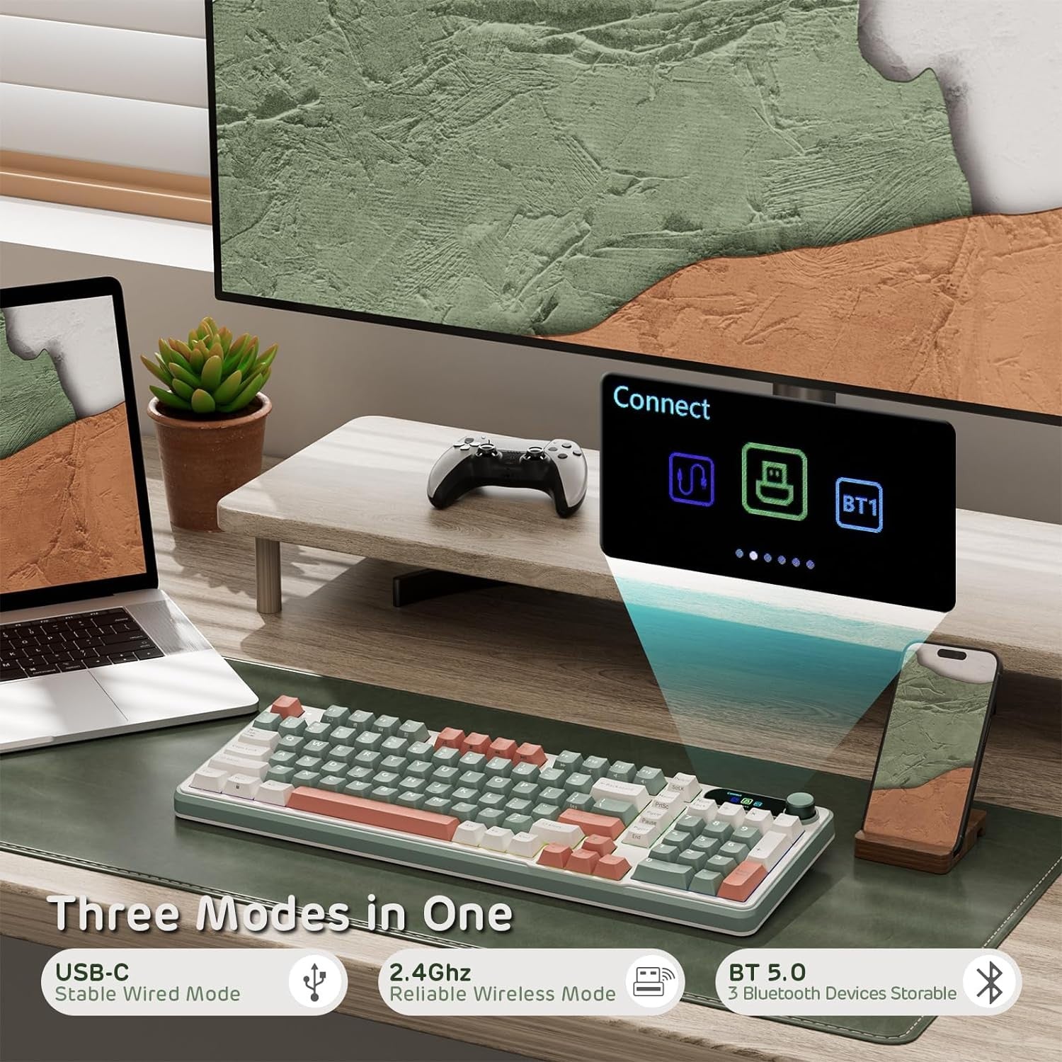 RK ROYAL KLUDGE Mechanical Keyboard S98, RGB, 2.4Ghz/BT/Wired, Spring Rain Switches, Green, Mixed Color