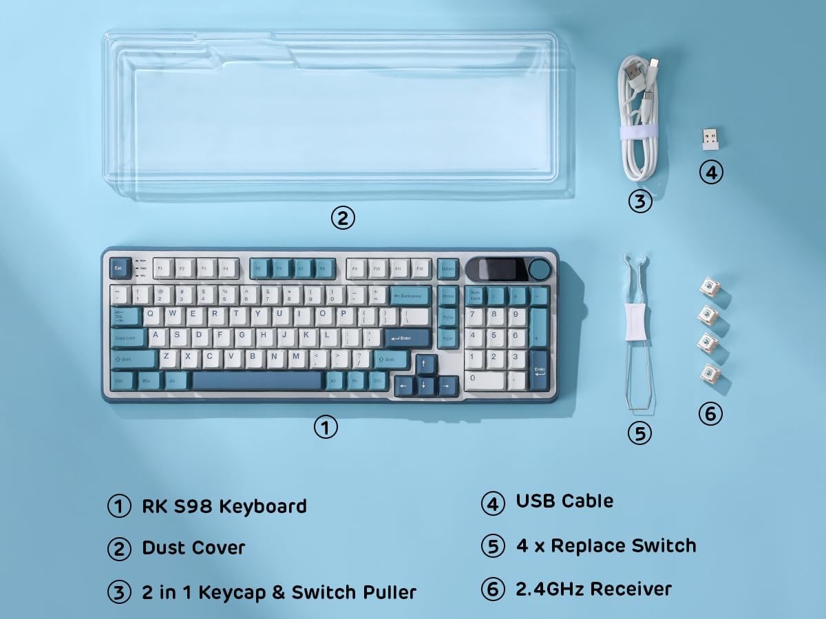 RK ROYAL KLUDGE Mechanical Keyboard S98, RGB, 2.4Ghz/BT/Wired, Spring Rain Switches, Off-white, Mixed Color