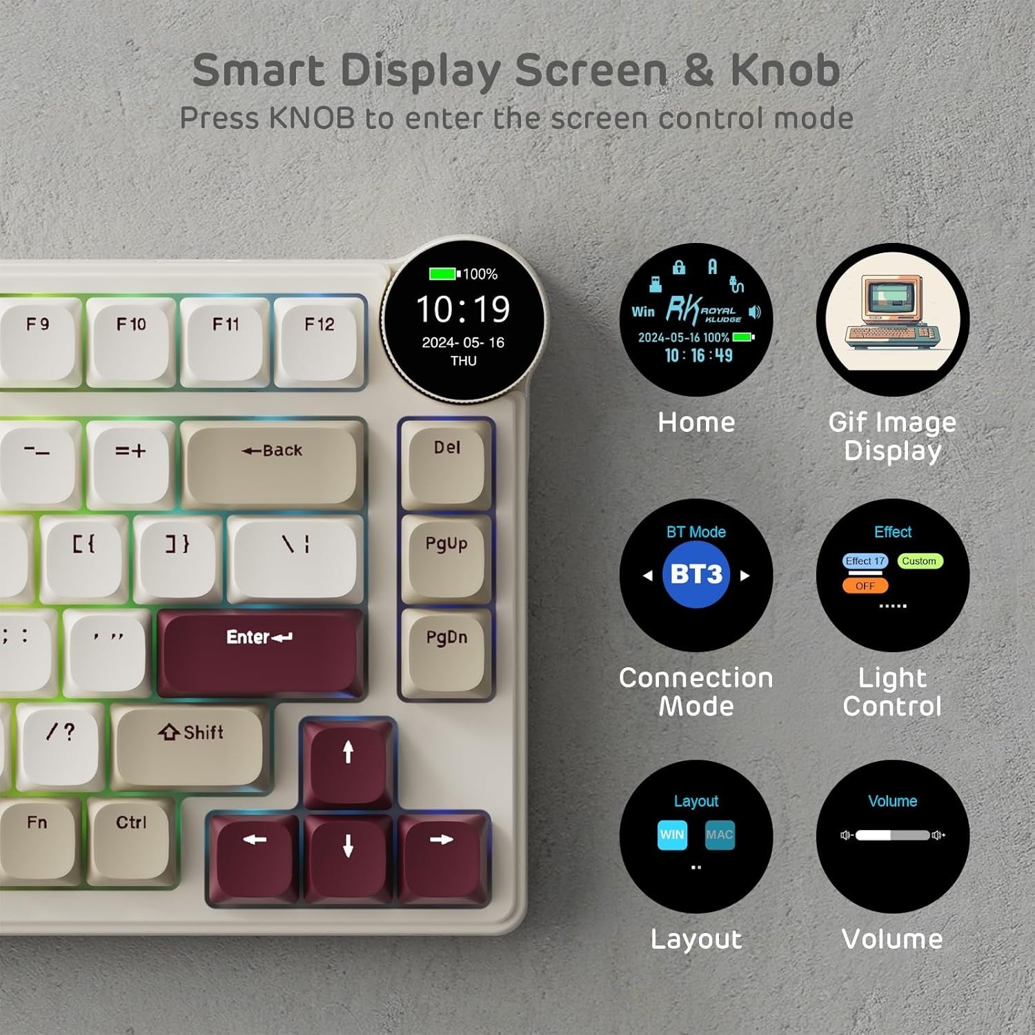 RK ROYAL KLUDGE N80 Low Profile Wireless Mechanical Smart Display Screen & Knob 75% Top Mount 3-Modes Keyboard, Tactile Brown Switch