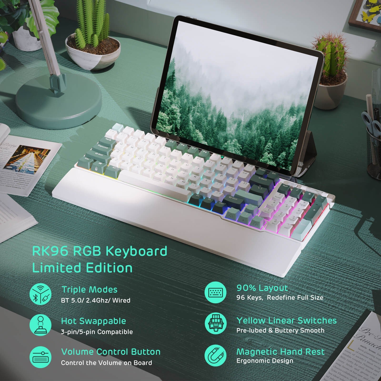 RK ROYAL KLUDGE RK96 RGB Limited Ed, 90% 96 Keys Wireless Triple Mode Bluetooth 5.0/2.4G/USB-C Hot Swappable Mechanical Keyboard, Camp Green