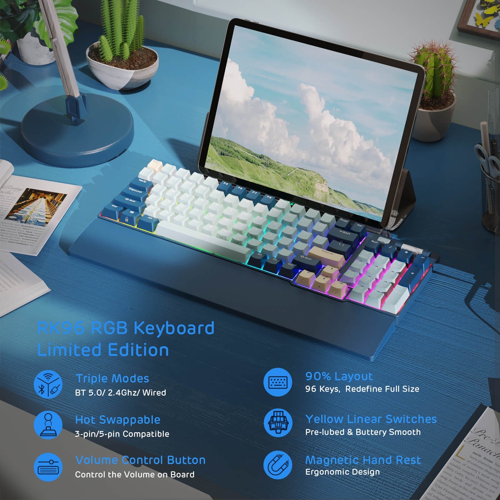 RK ROYAL KLUDGE RK96 RGB Limited Ed, 90% 96 Keys Wireless Triple Mode Bluetooth 5.0/2.4G/USB-C Hot Swappable Mechanical Keyboard,Forest Blue