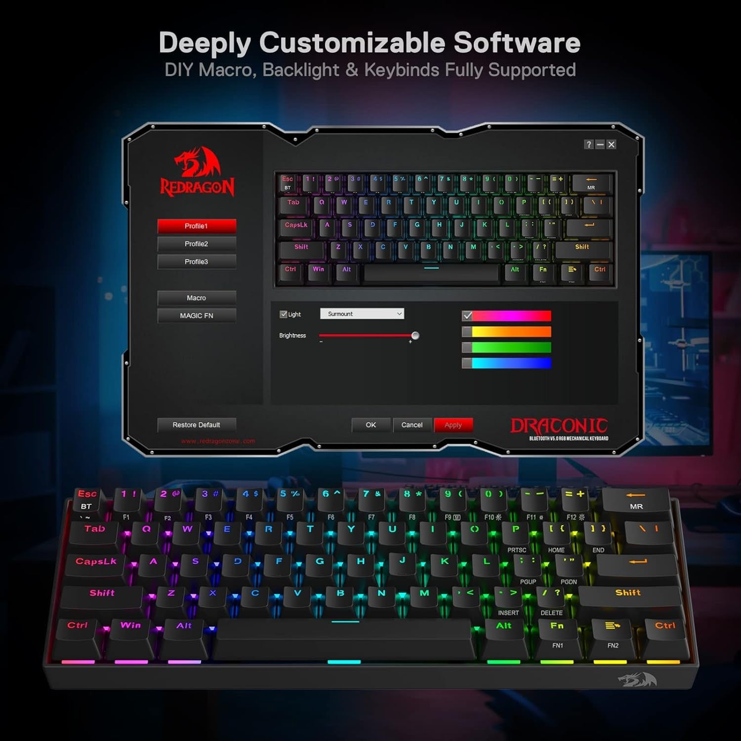 Redragon K530 Pro Draconic 60% Wireless RGB Gaming Mechanical Keyboard Hot-Swap BT/2.4Ghz/Wired 3-Mode 61 Keys Blue Switch