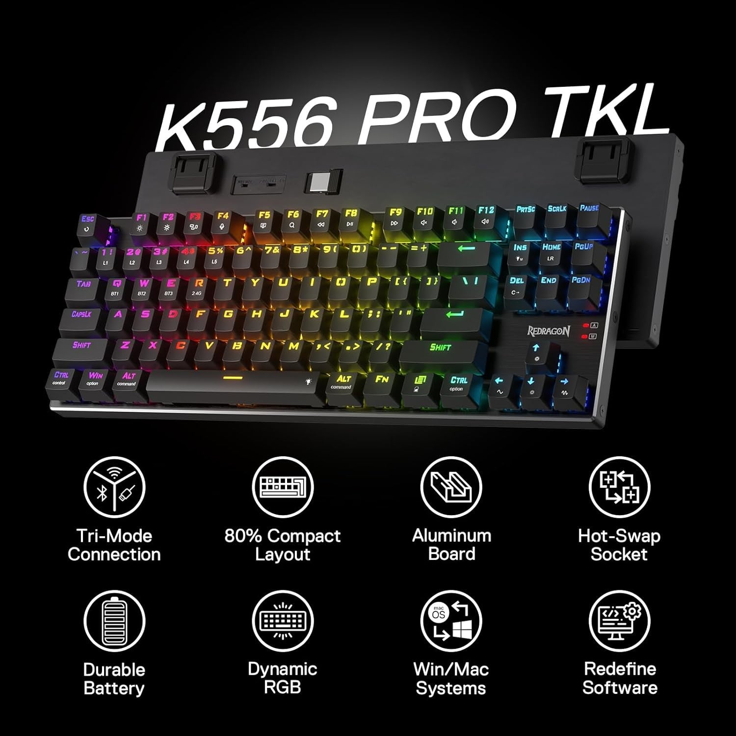 Redragon K556 PRO TKL Wireless RGB 80% 87 Keys BT/2.4Ghz Tri-Mode Mechanical Keyboard Gaming Hot-Swap Sockets & Noise Absorbing Form, Red Switch