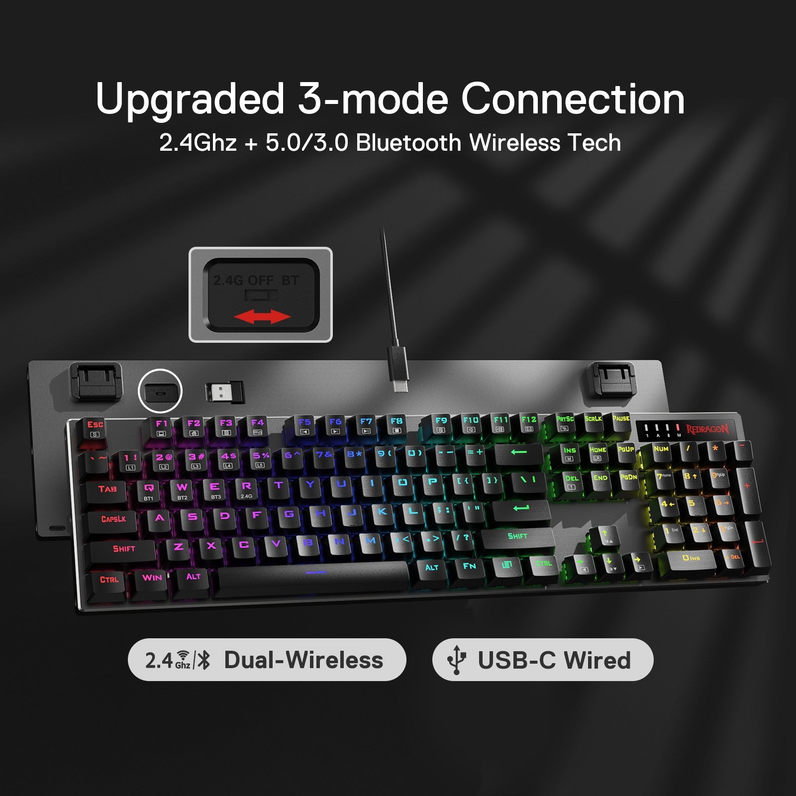 Redragon K556 PRO Upgraded Wireless RGB Gaming Keyboard, BT/2.4Ghz Tri-Mode Aluminum Mechanical Keyboard w/No-Lag Connection, Hot-Swap Red Switch