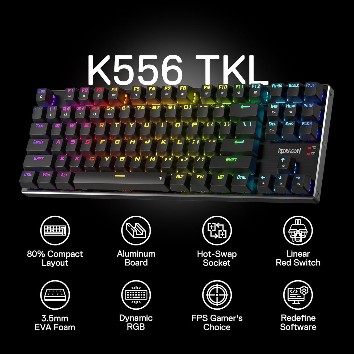 Redragon K556 TKL RGB Wired Gaming Mechanical Keyboard 80% 87 Keys Upgraded Hot-Swap Socket and Noise Absorbing Foams Red Switch