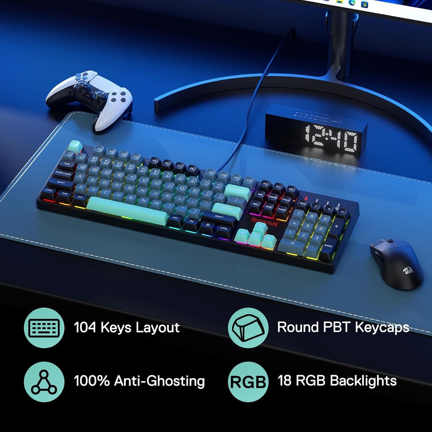 Redragon K582 SE Wired RGB Gaming 104 Keys Mechanical Mixed Color Round PBT Keycaps Dynamic 16.8M RGB Backlit Linear Red Switch Keyboard