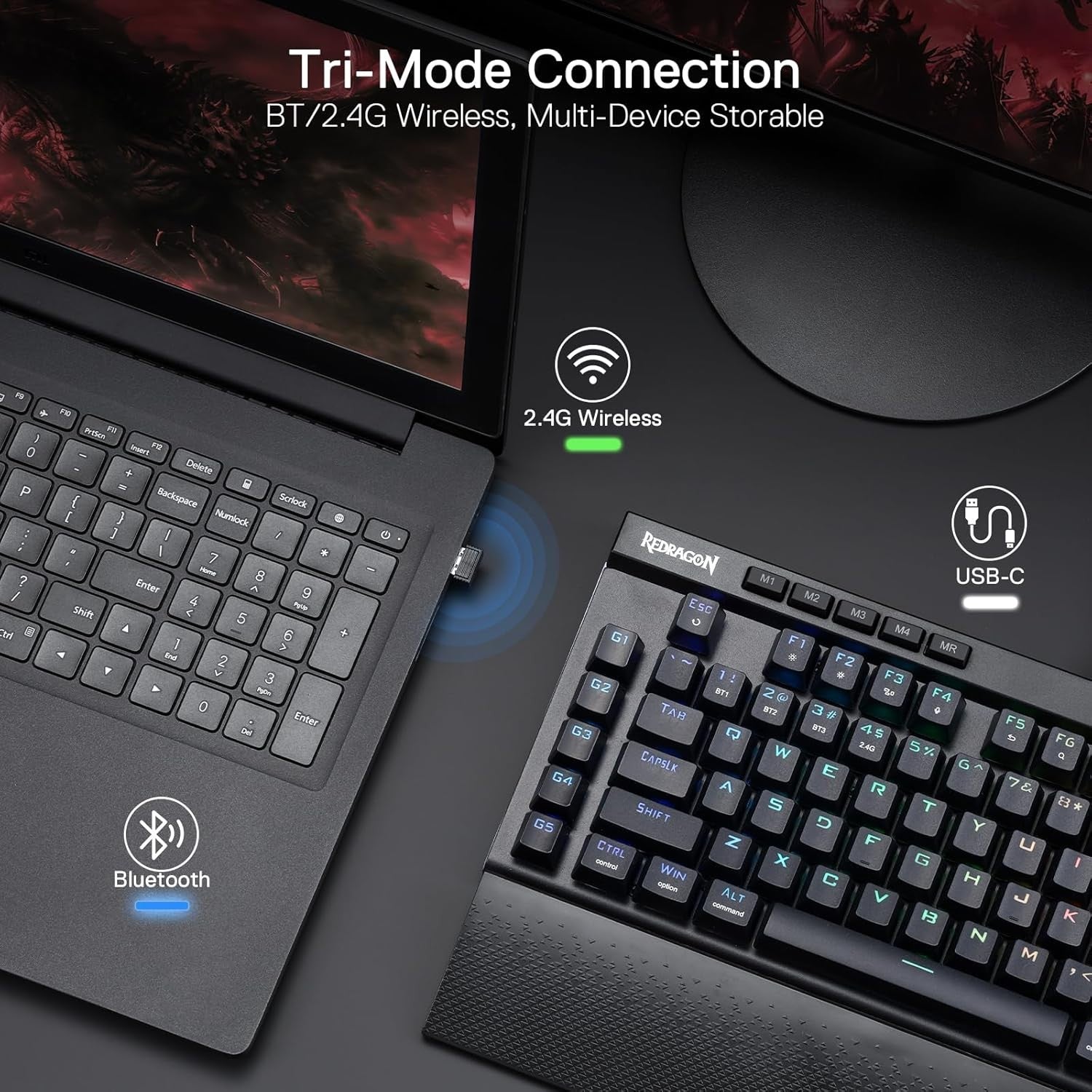Redragon K587 PRO TKL RGB 3-Mode Wireless Mechanical 87 Keys Gaming 9 Dedicated Macro Keys Keyboard,Detachable Wrist Rest, Hot-Swap Linear Red Switche