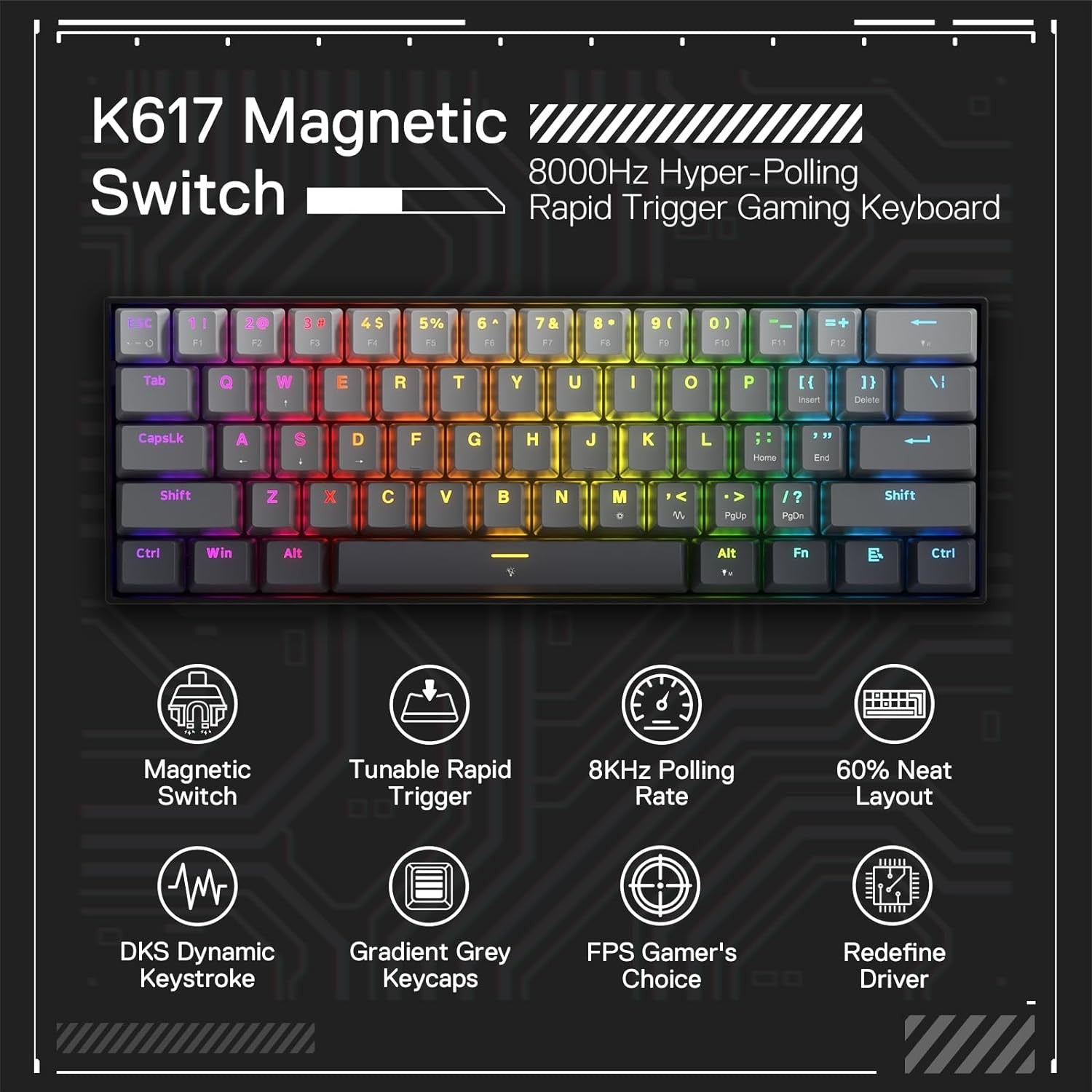 Redragon K617 Rapid Trigger Gaming Keyboard, 60% 61 Keys Wired Mechanical Keyboard w/Hyper-Fast Actuation, Dedicated Magnetic Switch, Actuation Point