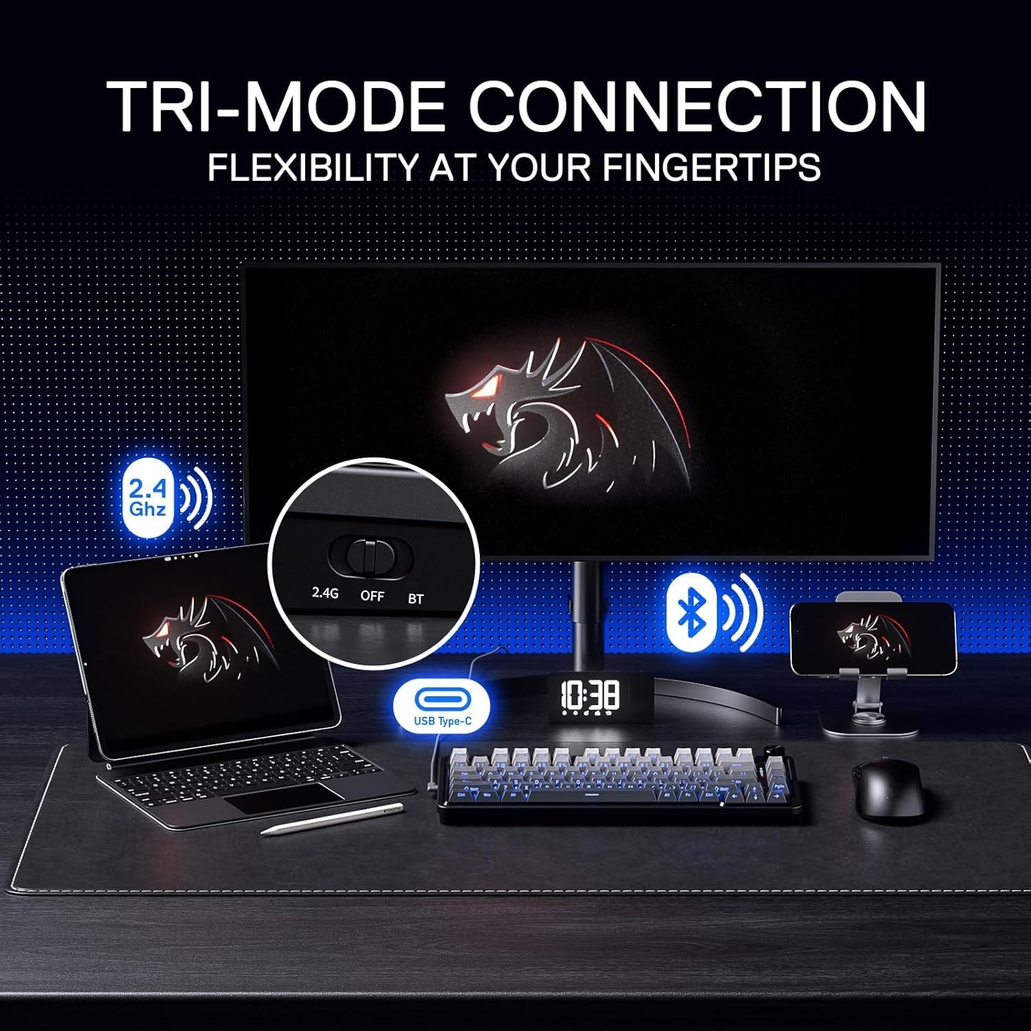 Redragon K673 GB 75% Wireless Gasket RGB Gaming 3-Modes 81 Keys PBT Compact Mechanical Hot-Swap Socket 5-Layer Noise Dampening Keyboard