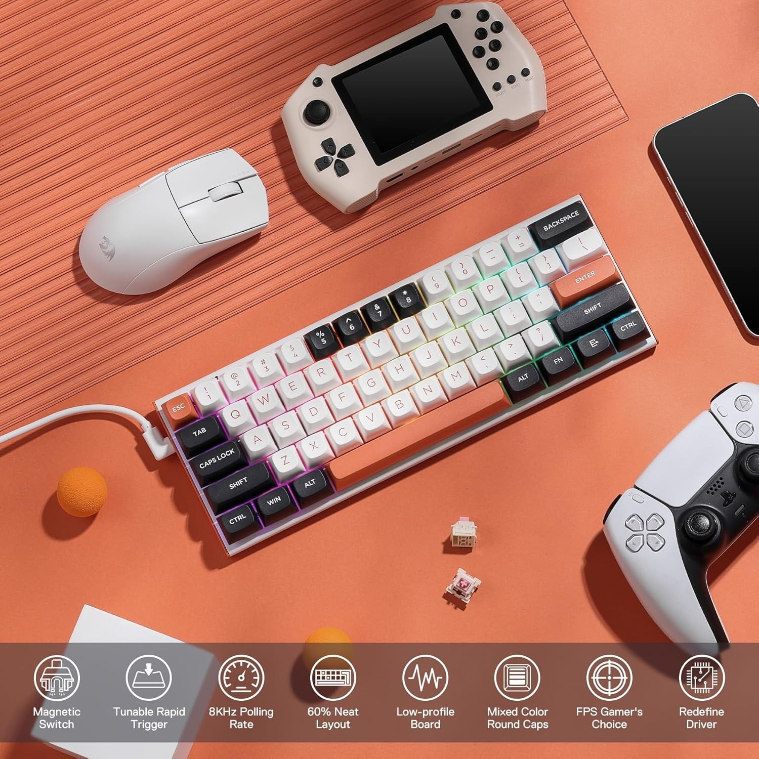 Redragon K683 Rapid Trigger HE Gaming Keyboard, 60% 61 Keys Wired Mechanical Keyboard w/Hyper-Fast Actuation, Dedicated Magnetic Switch