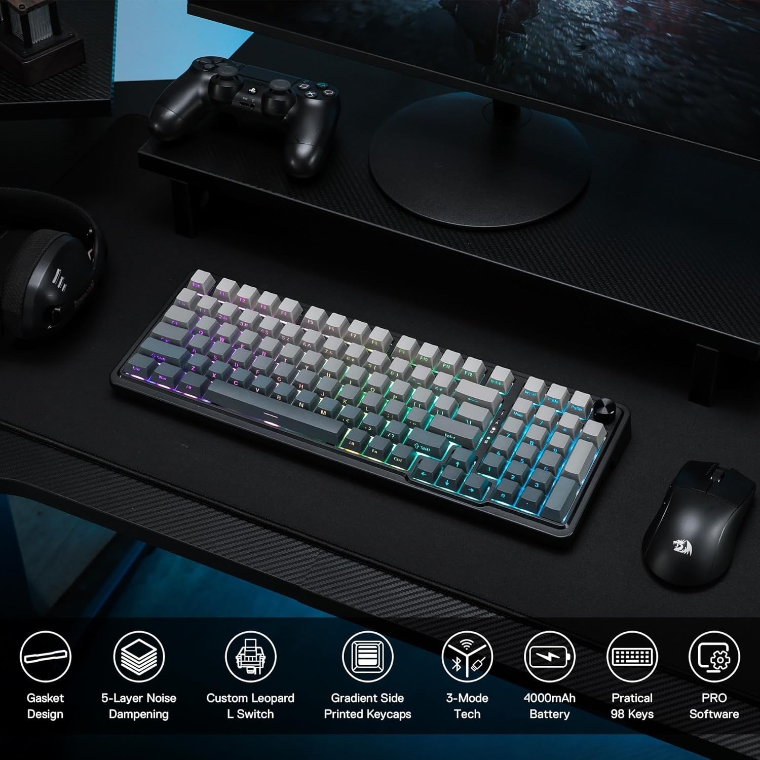 Redragon K686 PRO 98 Keys Wireless Gasket RGB Gaming 3-Mode Win/Mac Mechanical 5-Layer Noise Dampening Keyboard,Hot-Swap in Linear Red Switch, Blue Hi