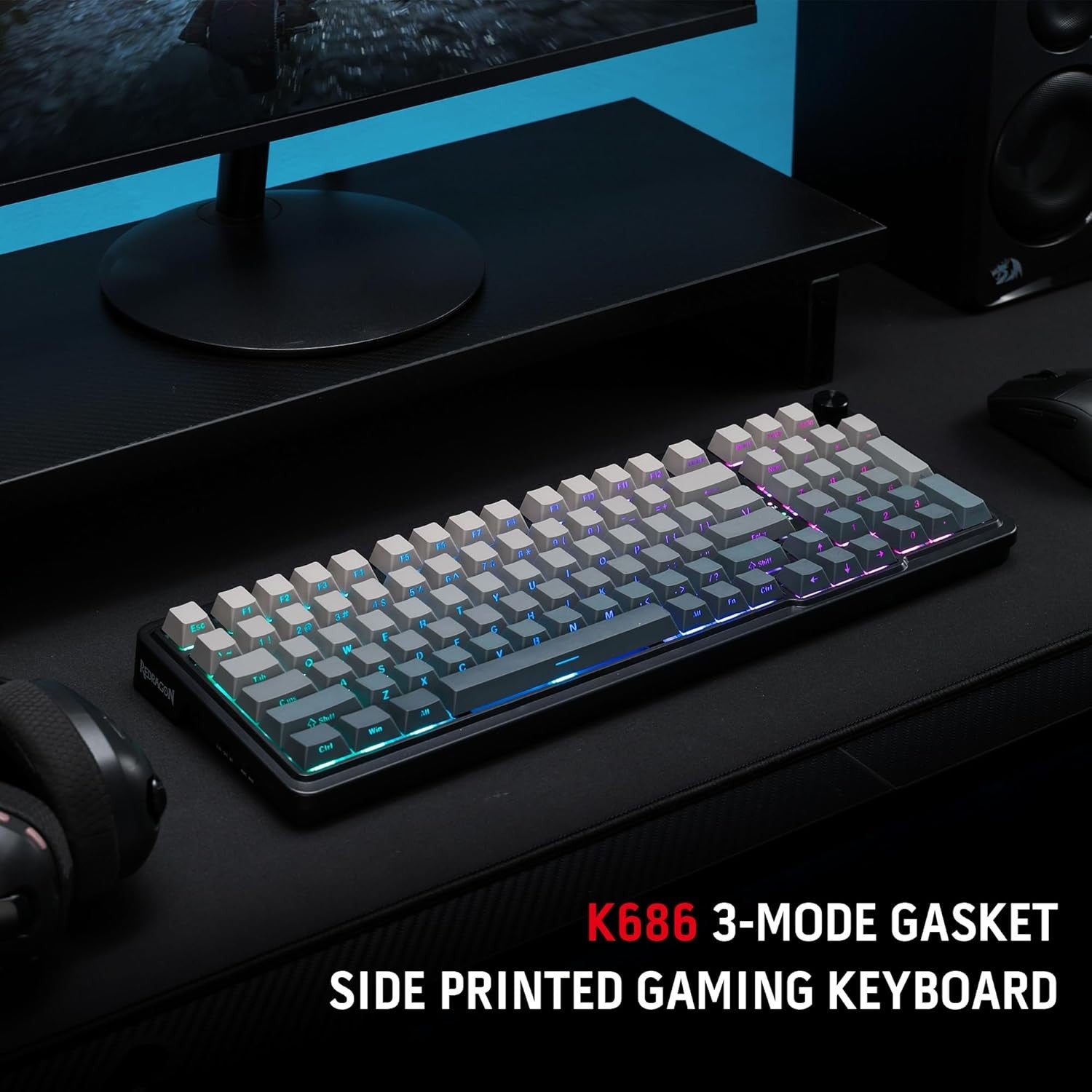Redragon K686 PRO 98 Keys Wireless Gasket RGB Gaming 3-Mode Win/Mac Mechanical 5-Layer Noise Dampening Keyboard,Hot-Swap in Linear Red Switch, Blue Hi