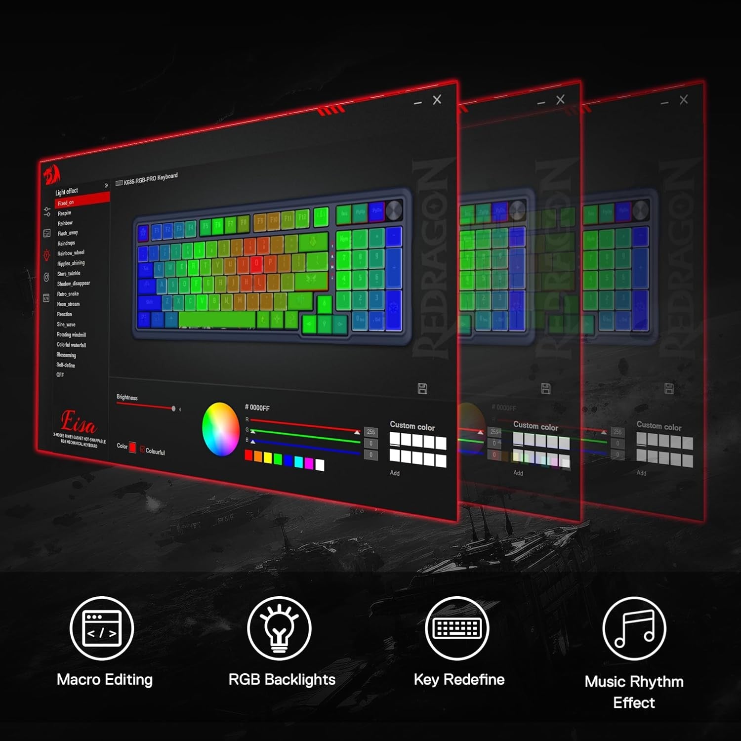 Redragon K686 PRO 98 Keys Wireless Gasket RGB Gaming 3-Mode Win/Mac Mechanical 5-Layer Noise Dampening Keyboard,Hot-Swap in Linear Red Switch, Blue Hi