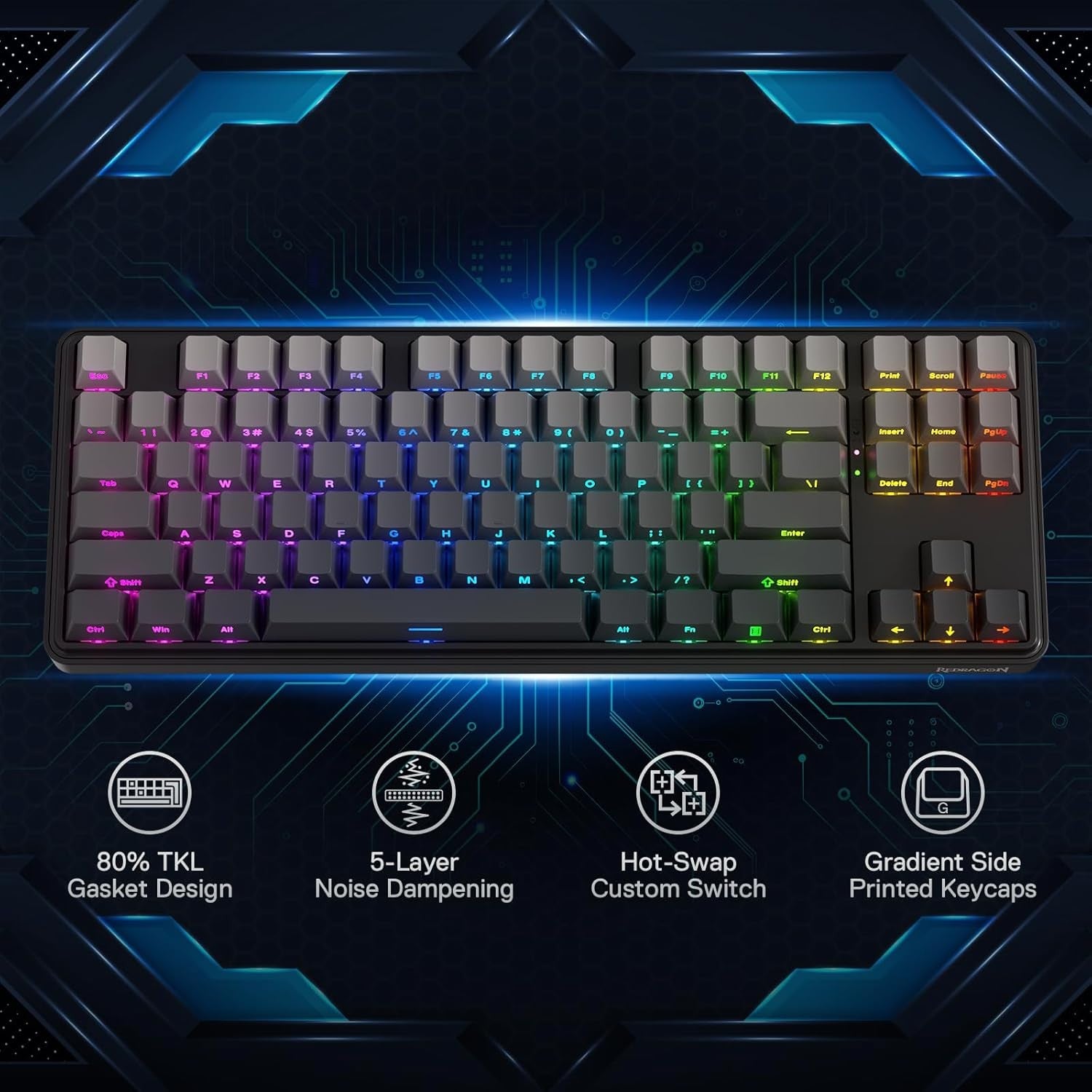 Redragon K707 PRO GB 80% Gasket RGB Gaming 3-Modes Wireless TKL Mechanical Hot-Swap 5-Layer Noise Dampening Keyboard, Mint Mambo Switch