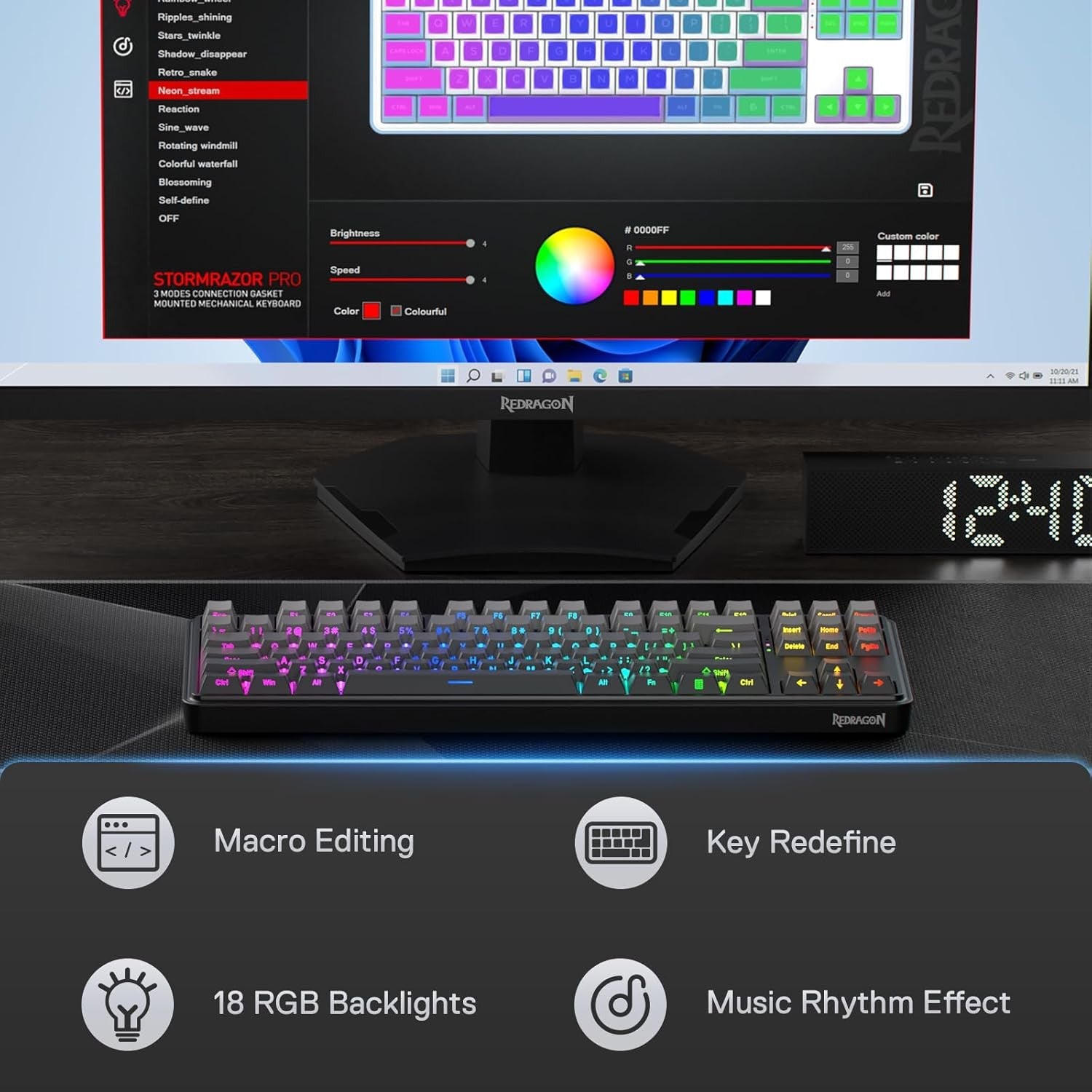 Redragon K707 PRO GB 80% Gasket RGB Gaming 3-Modes Wireless TKL Mechanical Hot-Swap 5-Layer Noise Dampening Keyboard, Mint Mambo Switch