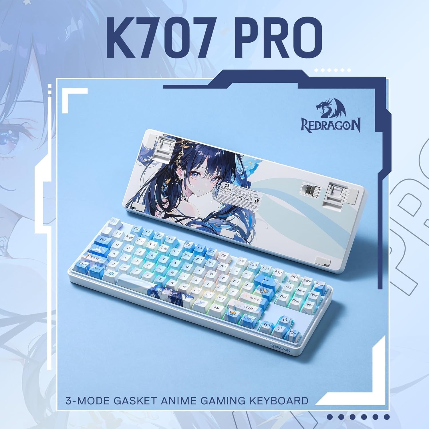 Redragon K707 PRO SE 80% Wireless Gasket RGB Gaming Keyboard, 3-Modes 87 Keys TKL Anime Mechanical Keyboard w/Hot-Swap Socket, Custom Linear Switch