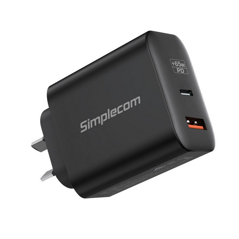 Simplecom Dual Port PD 65W USB-C + USB-A GaN Fast Wall Charger for Phone and Laptop