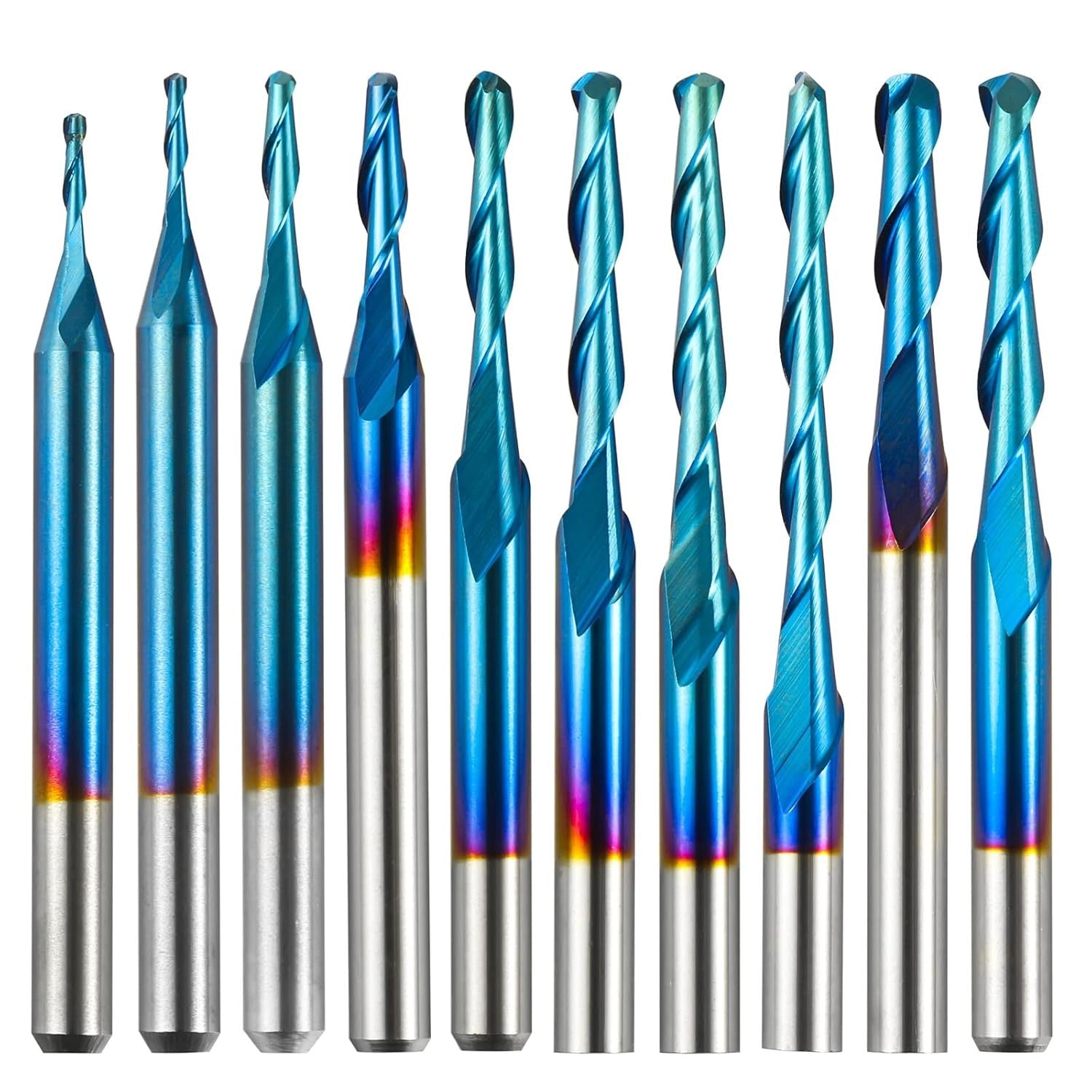 10pcs 2-Flute Nano Blue Coat Ball Nose Spiral End Mill, 1/8'' Shank, 0.8mm-2.5mm Cutting Diameter, CNC Router Bits for Wood Working Acrylic MDF PVC AB