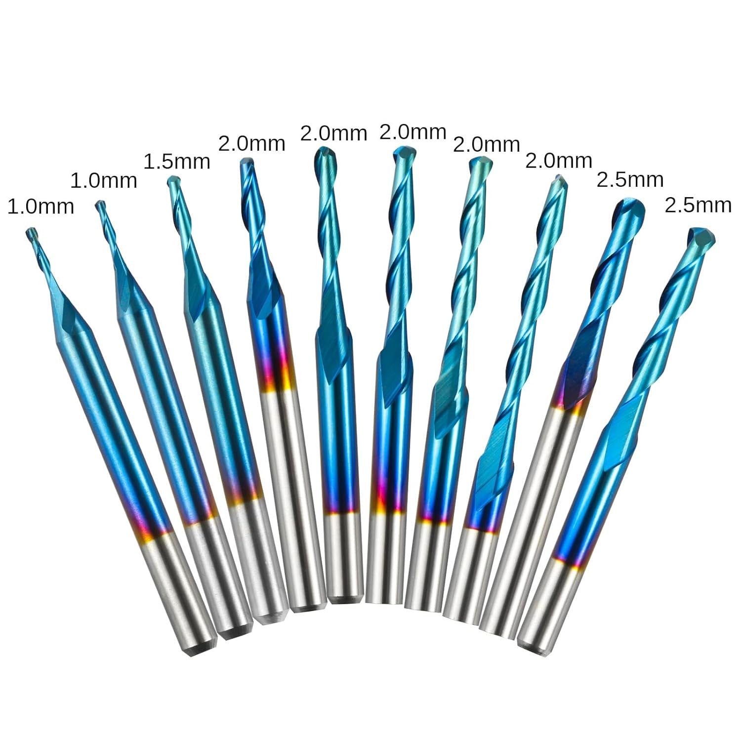 10pcs 2-Flute Nano Blue Coat Ball Nose Spiral End Mill, 1/8'' Shank, 0.8mm-2.5mm Cutting Diameter, CNC Router Bits for Wood Working Acrylic MDF PVC AB