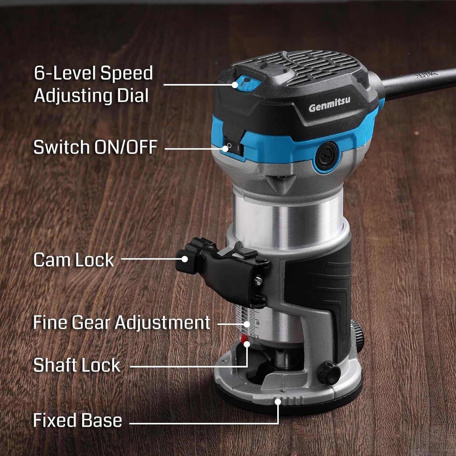 Genmitsu 1.25 HP 65mm Diameter Palm Trimmer Router, Compact Router Wood Tool With Fixed Base, 6 Variable Speeds 10000-30000 R/MIN, with 1/4“ Collet