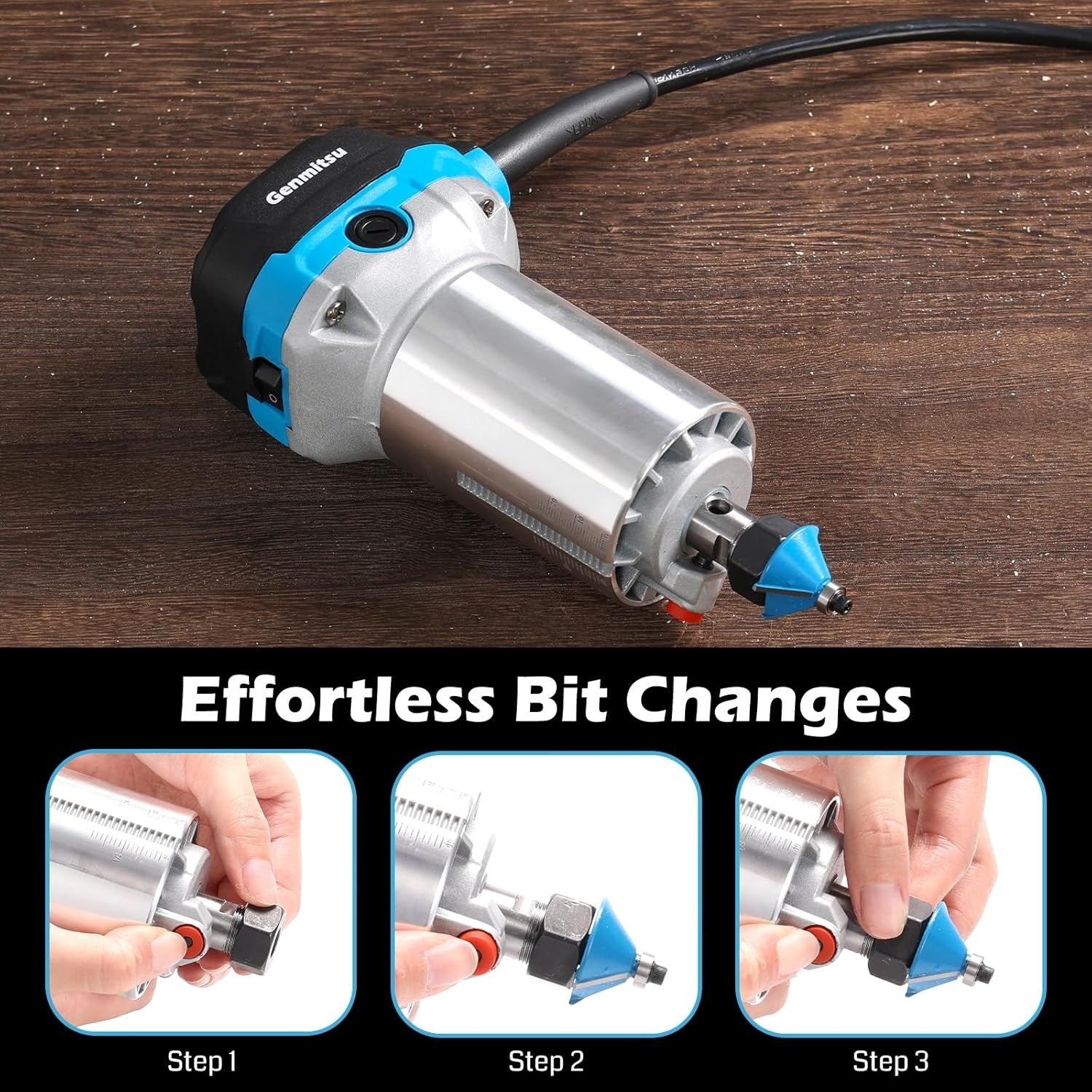 Genmitsu 1.25 HP 65mm Diameter Palm Trimmer Router, Compact Router Wood Tool With Fixed Base, 6 Variable Speeds 10000-30000 R/MIN, with 1/4“ Collet